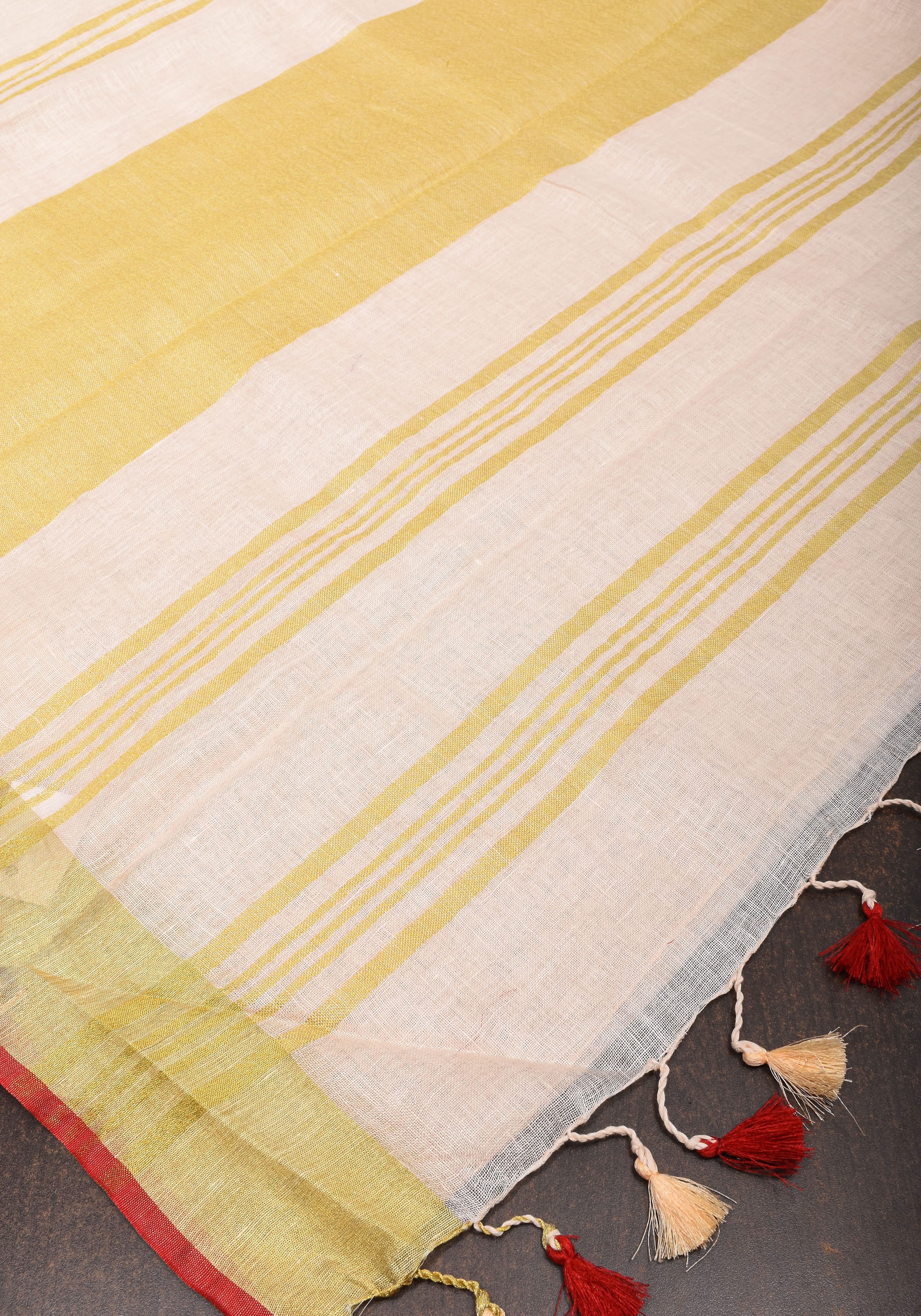 Ivory Linen by Linen saree with Red-Gold Border | Shobitam
