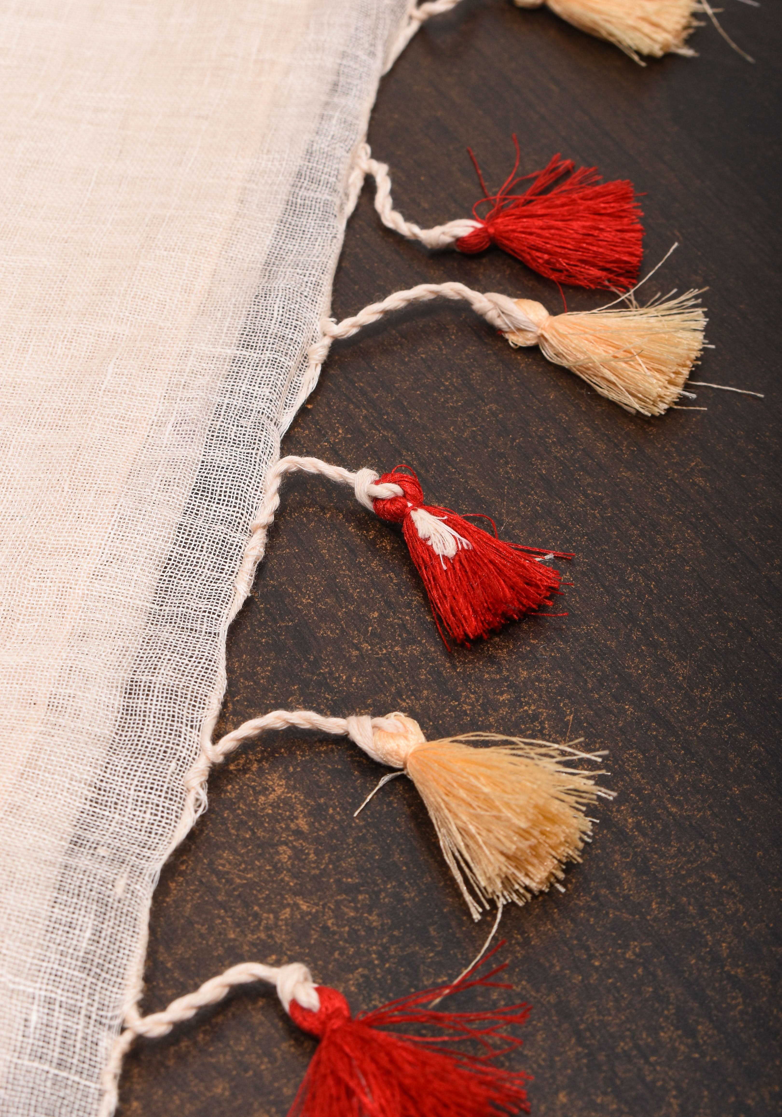 Ivory Linen by Linen saree with Red-Gold Border | Shobitam