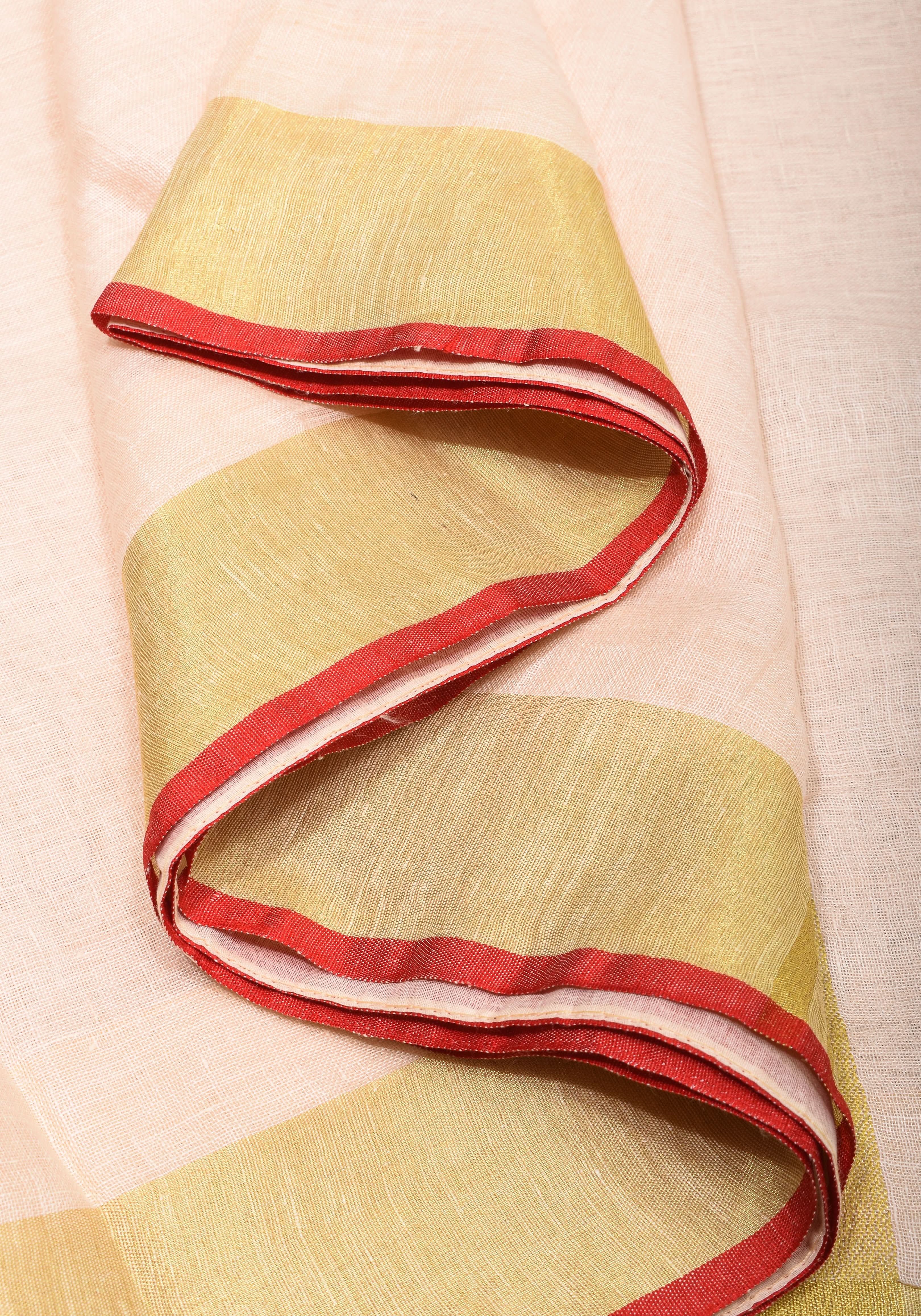 Ivory Linen by Linen saree with Red-Gold Border | Shobitam