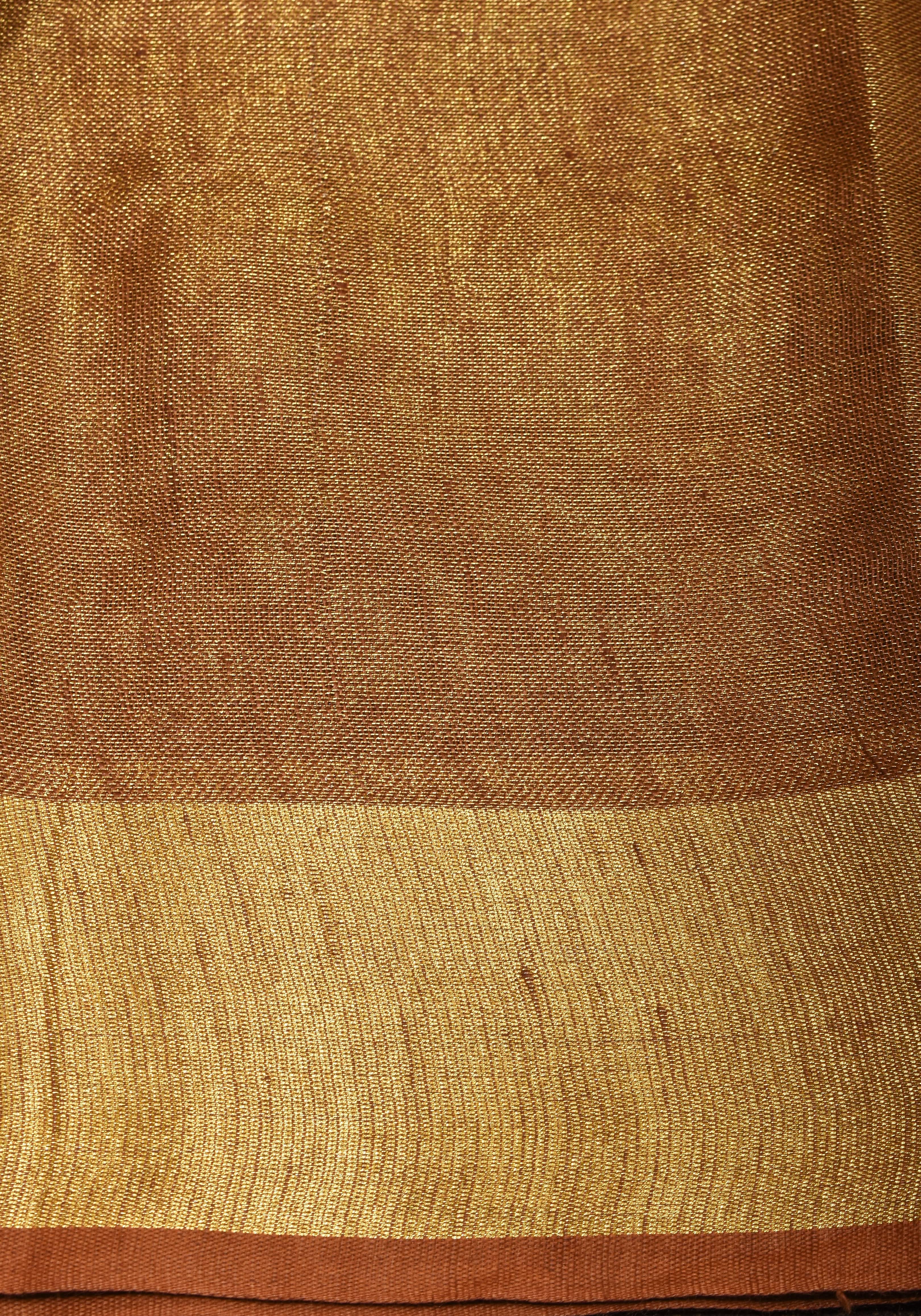 Caramel and Gold Tissue Linen Saree with Zari Border and long tassels | Shobitam