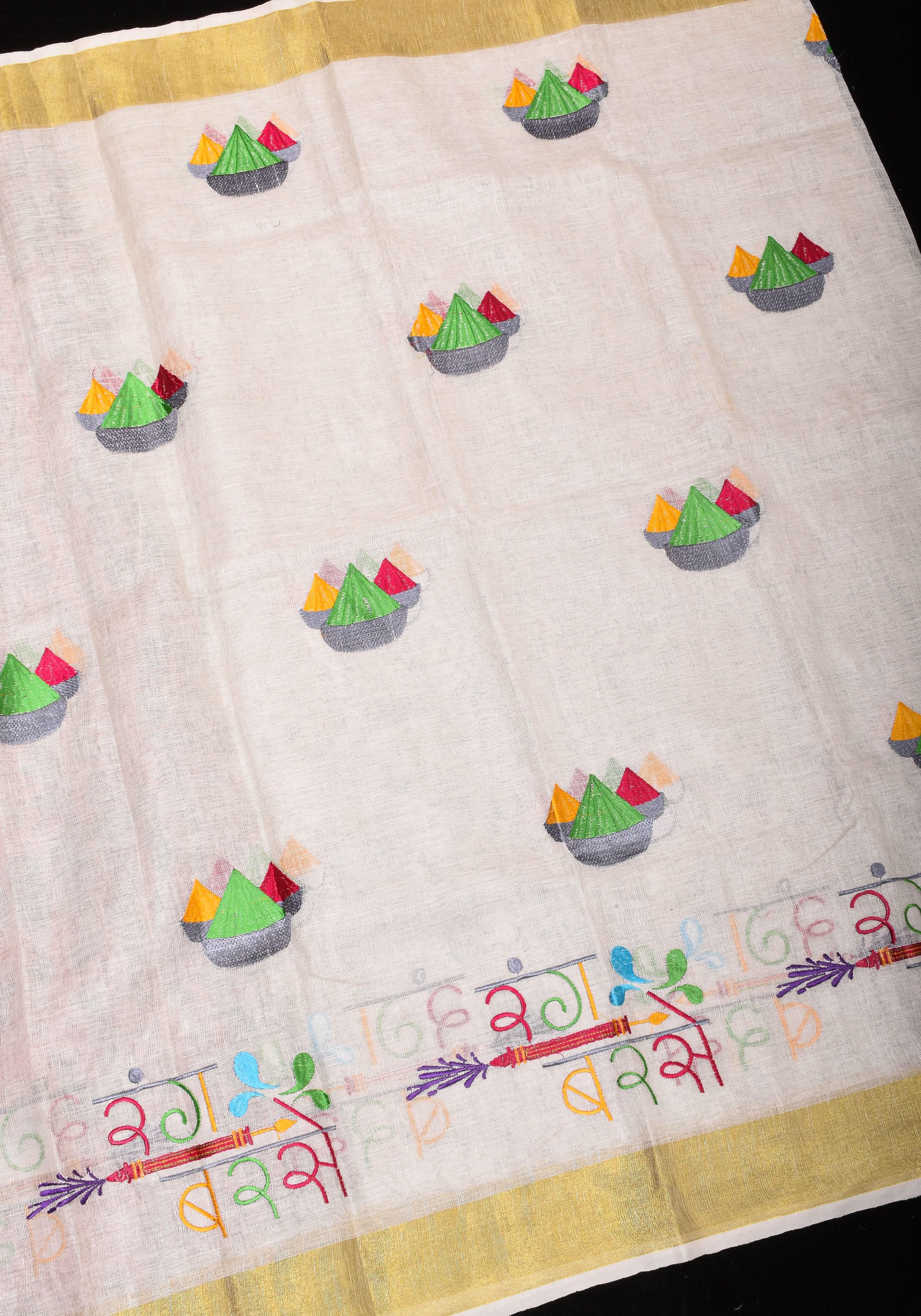 Rang Barse: Holi Theme Embroidered Linen Saree with Rang and Pichkari motifs! Vidya Balan Special Holi Saree | Shobitam
