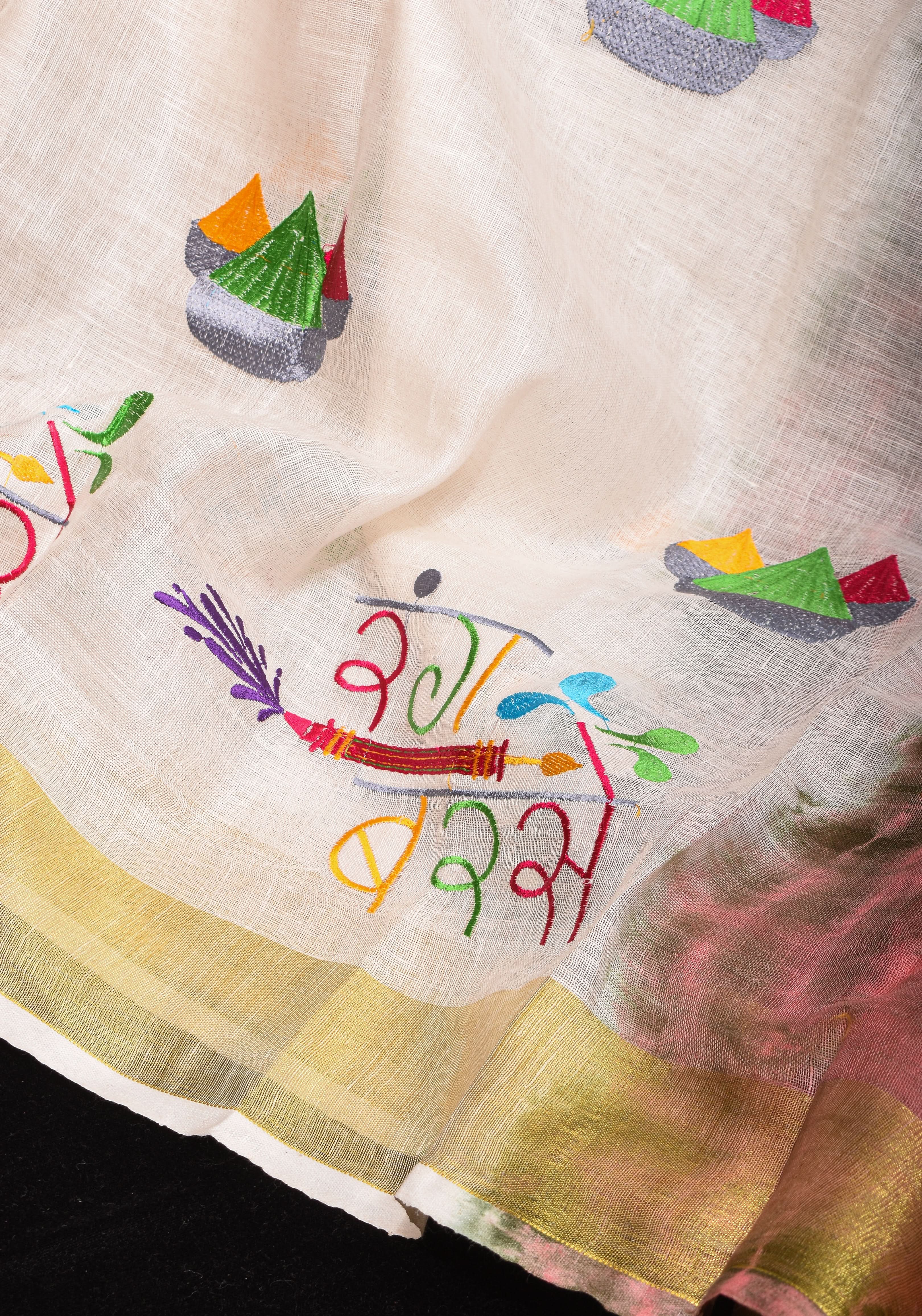 Rang Barse: Holi Theme Embroidered Linen Saree with Rang and Pichkari motifs! Vidya Balan Special Holi Saree | Shobitam