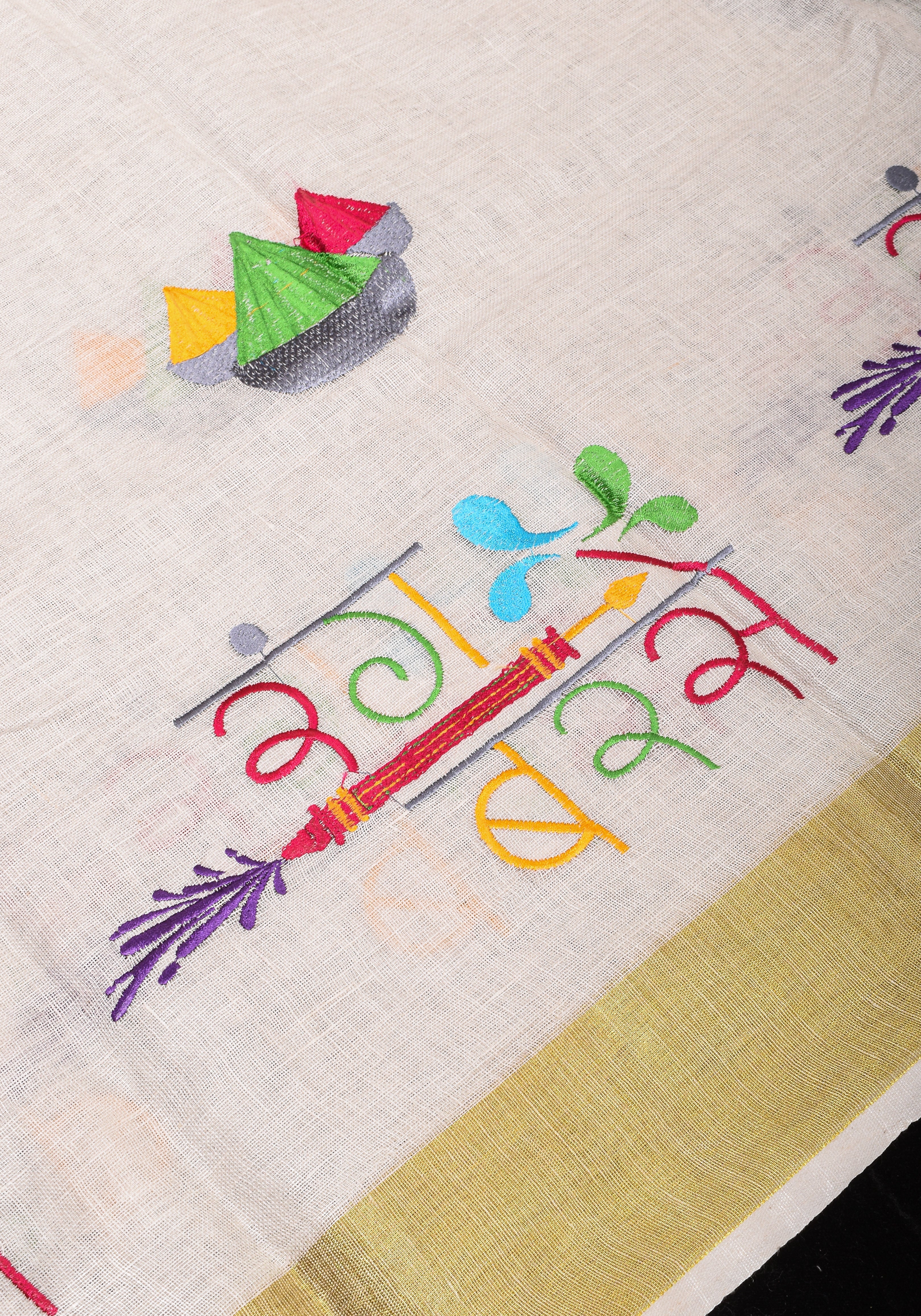 Rang Barse: Holi Theme Embroidered Linen Saree with Rang and Pichkari motifs! Vidya Balan Special Holi Saree | Shobitam