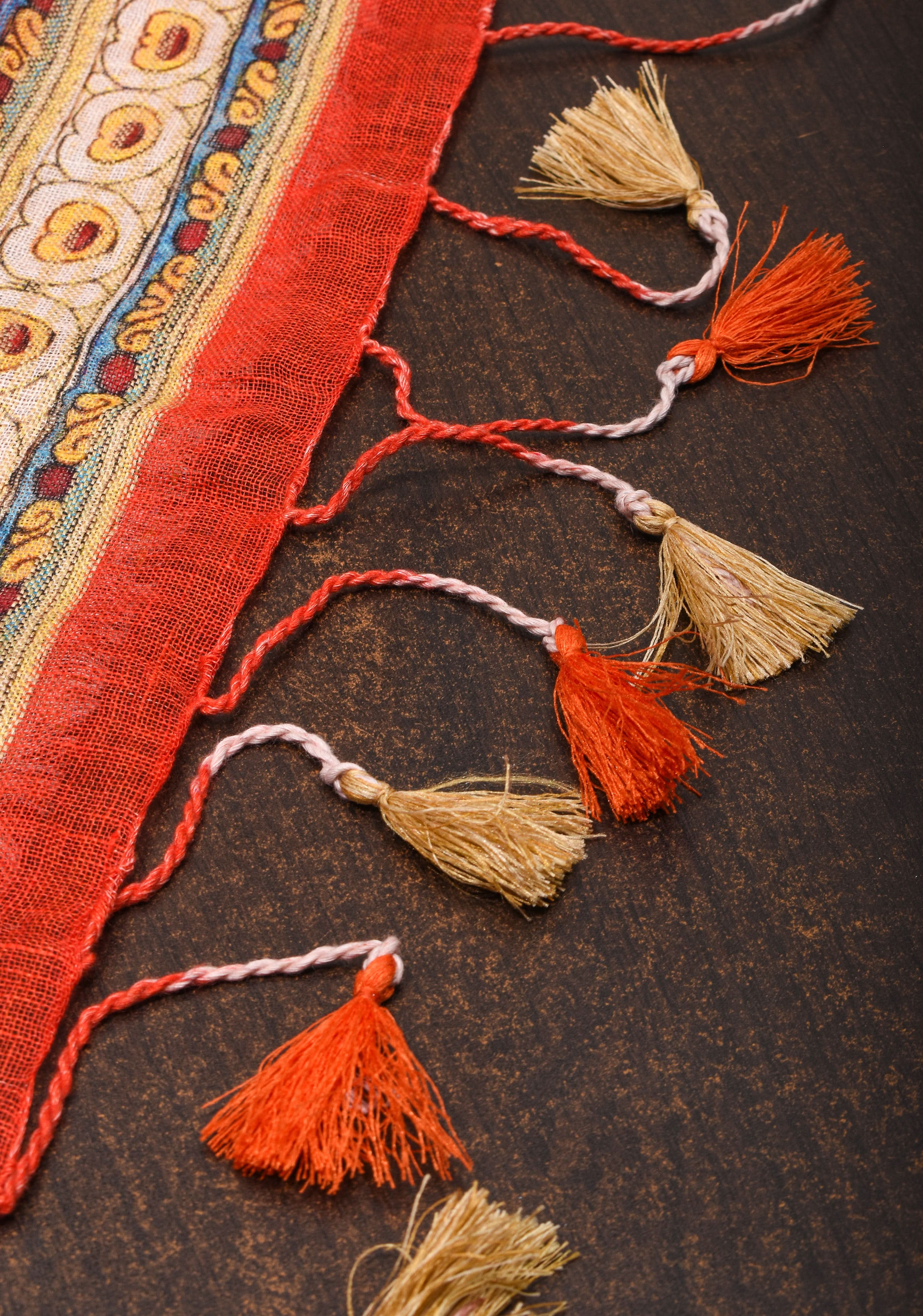 Orange Silk Linen Saree with Lord Ganesha Kalamkari Digital Print | Shobitam