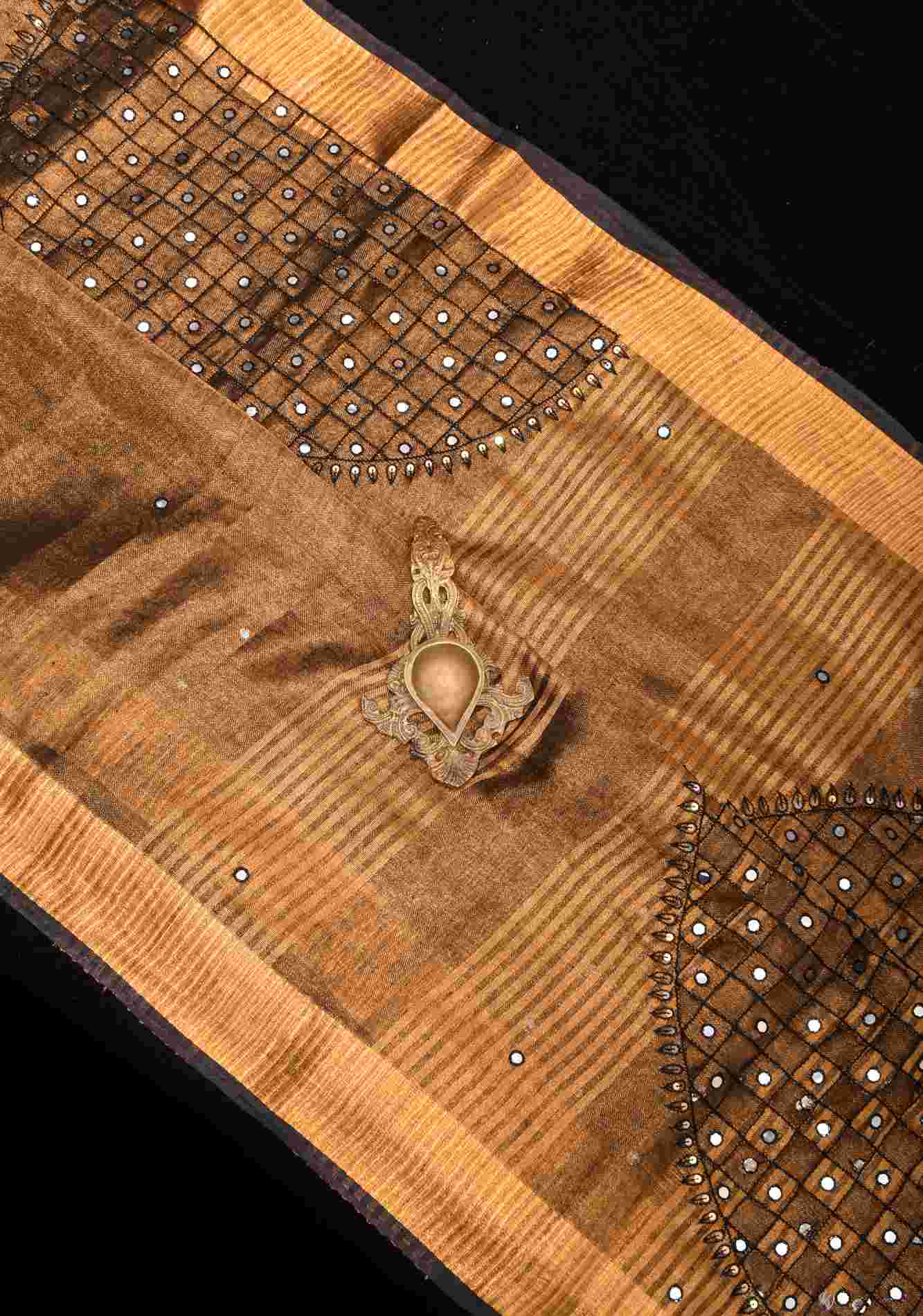 Stitched saree Copper and Black Cutwork and Mirror Work Tissue Linen Predraped Saree with dramatic tassels Wrap in 1 minute saree