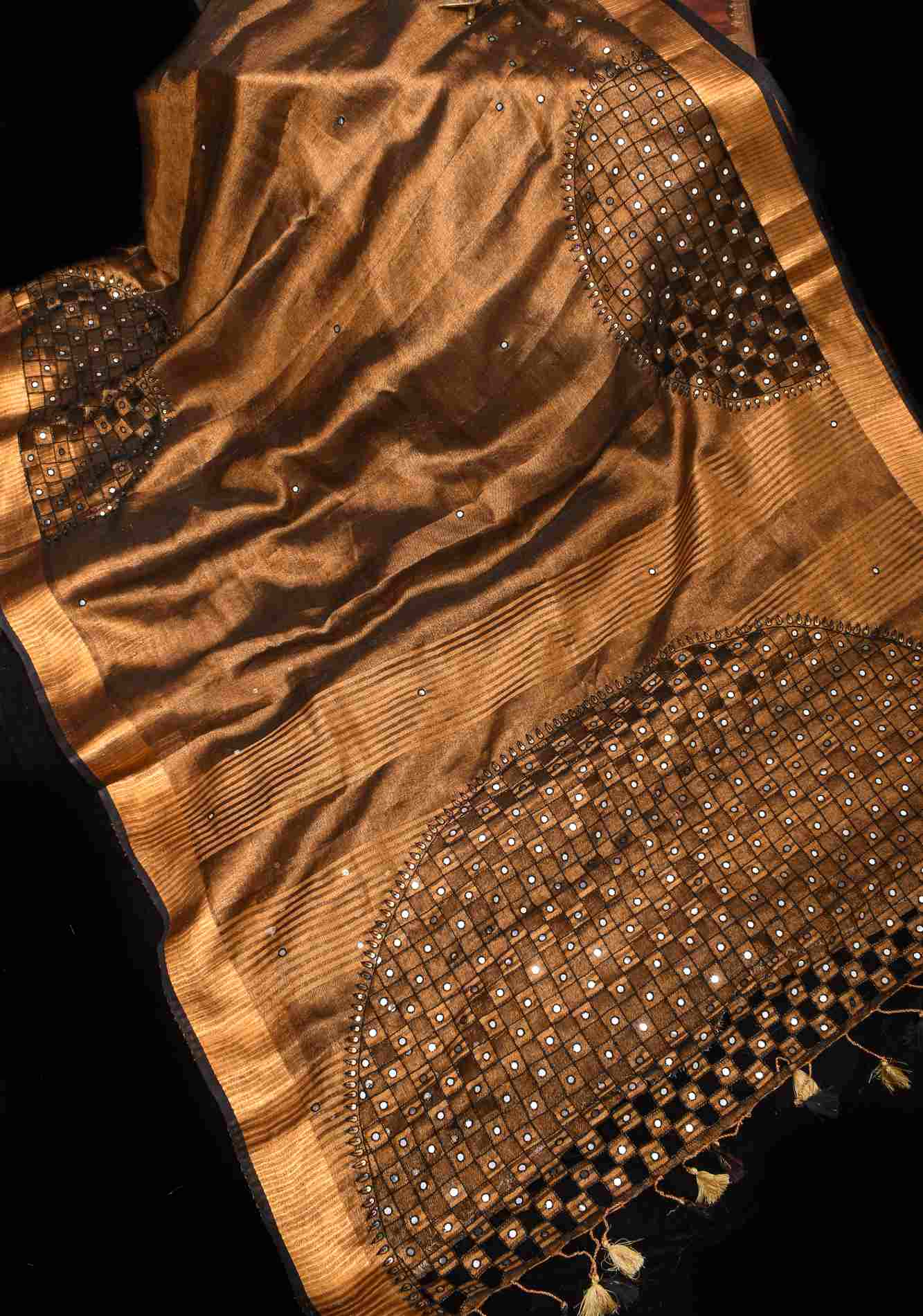 Stitched saree Copper and Black Cutwork and Mirror Work Tissue Linen Predraped Saree with dramatic tassels Wrap in 1 minute saree