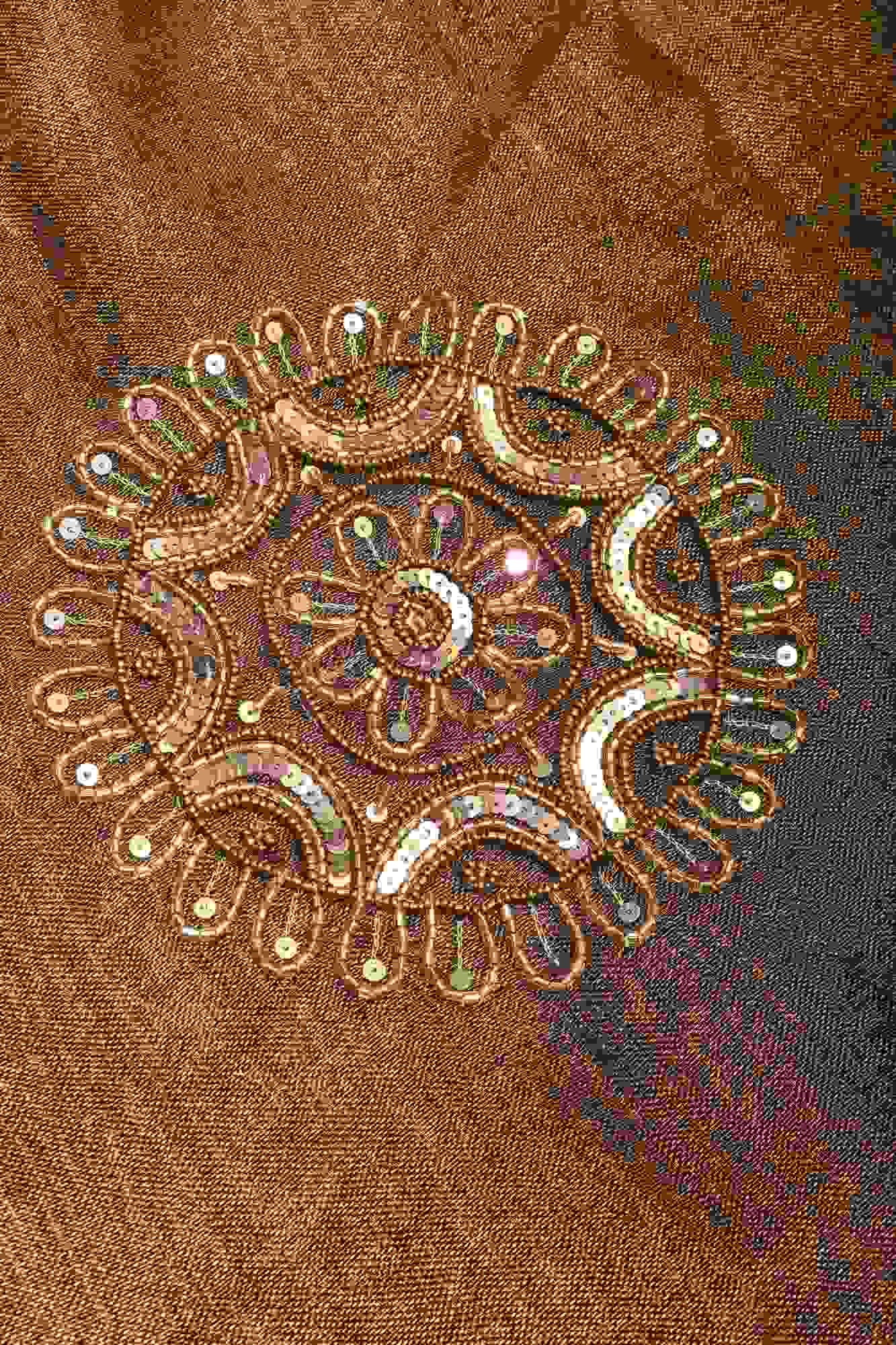 Embroidery cut dana with seqins Work Tissue Linen Saree in copper black with dramatic work Pallu