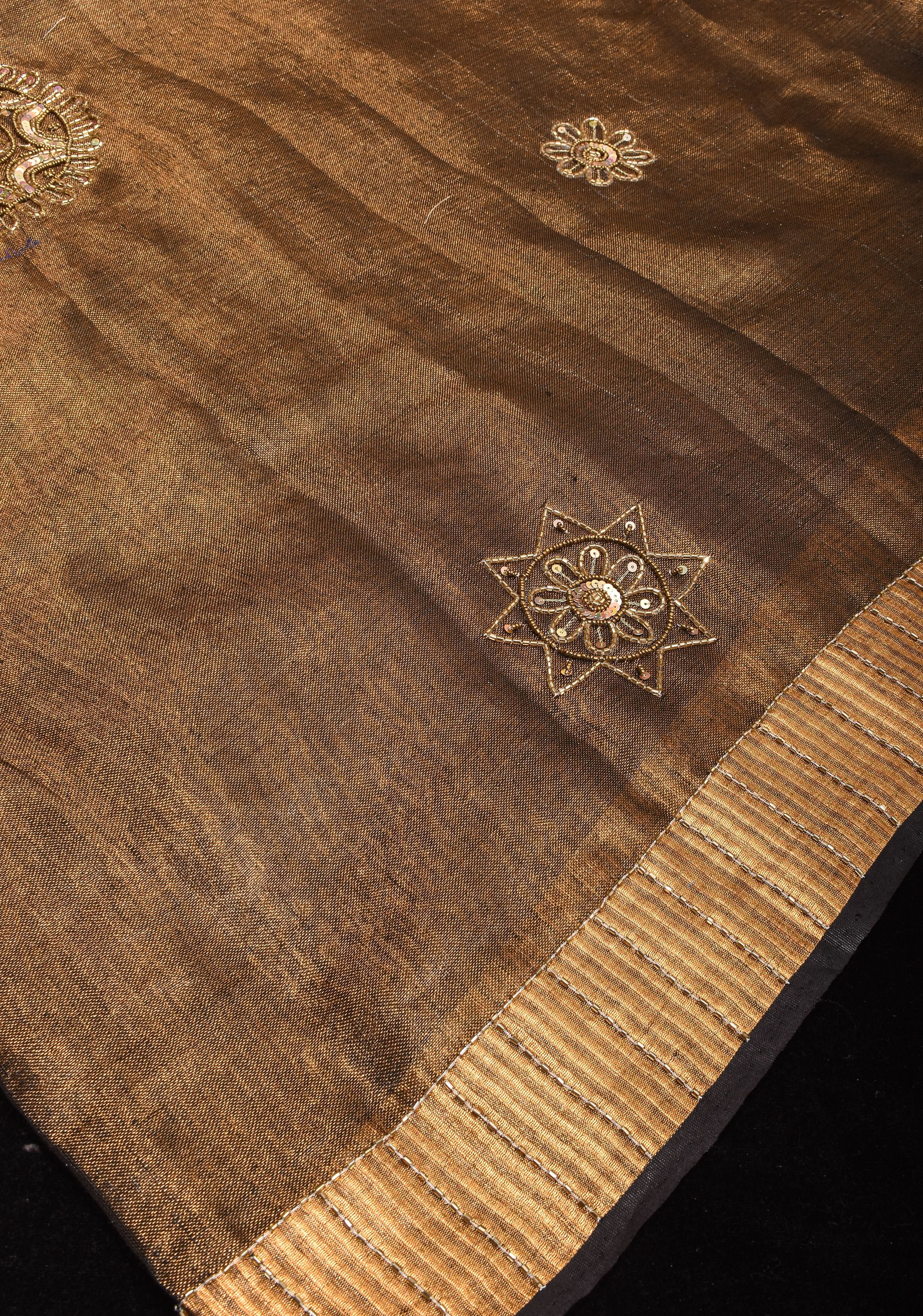Embroidery cut dana with seqins Work Tissue Linen Saree in copper black with dramatic work Pallu | Shobitam