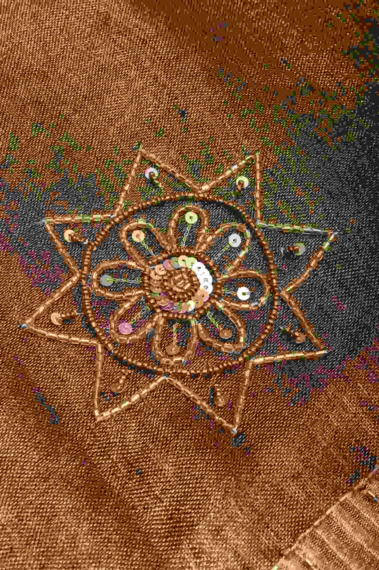 Embroidery cut dana with seqins Work Tissue Linen Saree in copper black with dramatic work Pallu