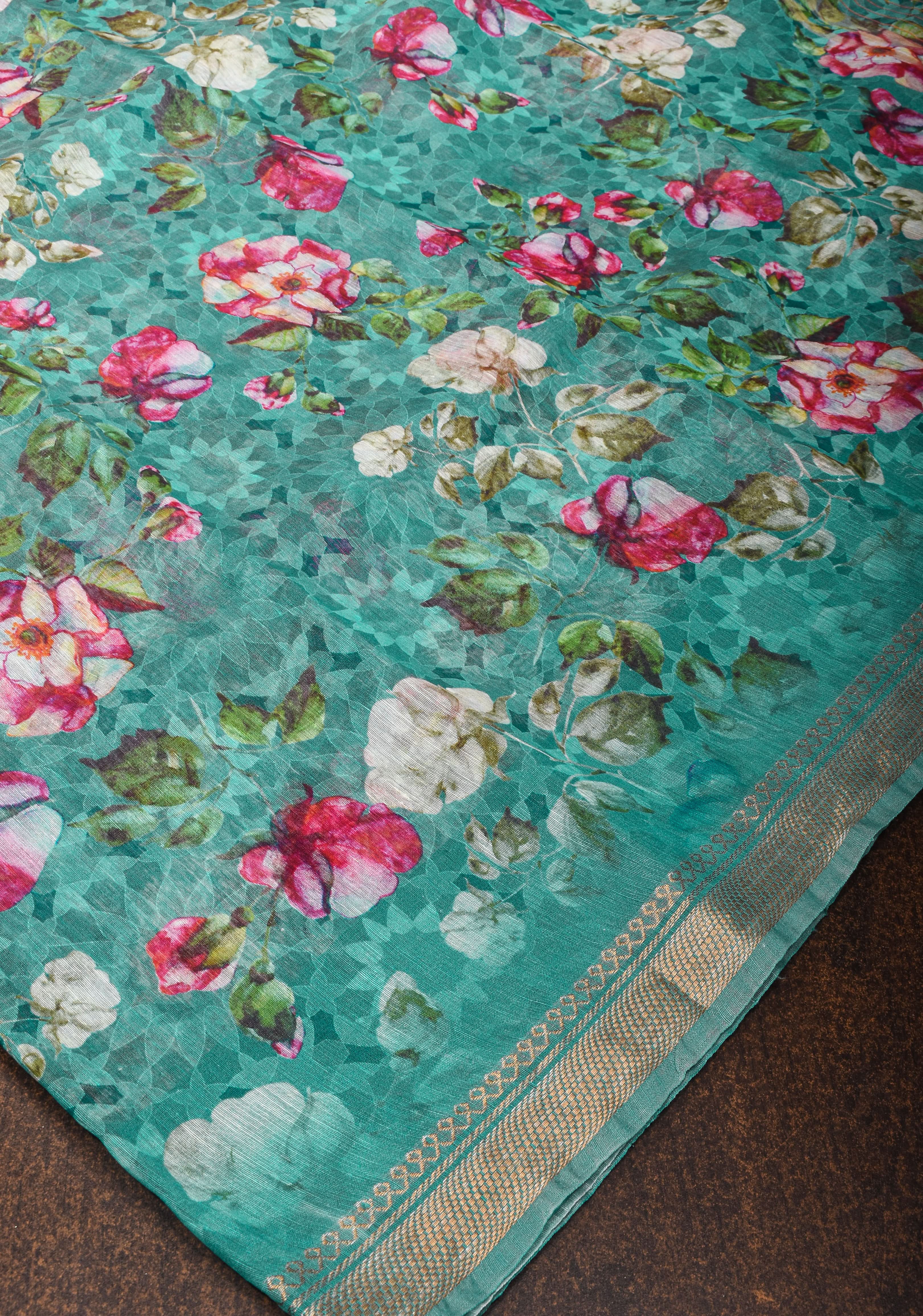 Blue Silk Linen Saree with Floral Digital Print | Shobitam