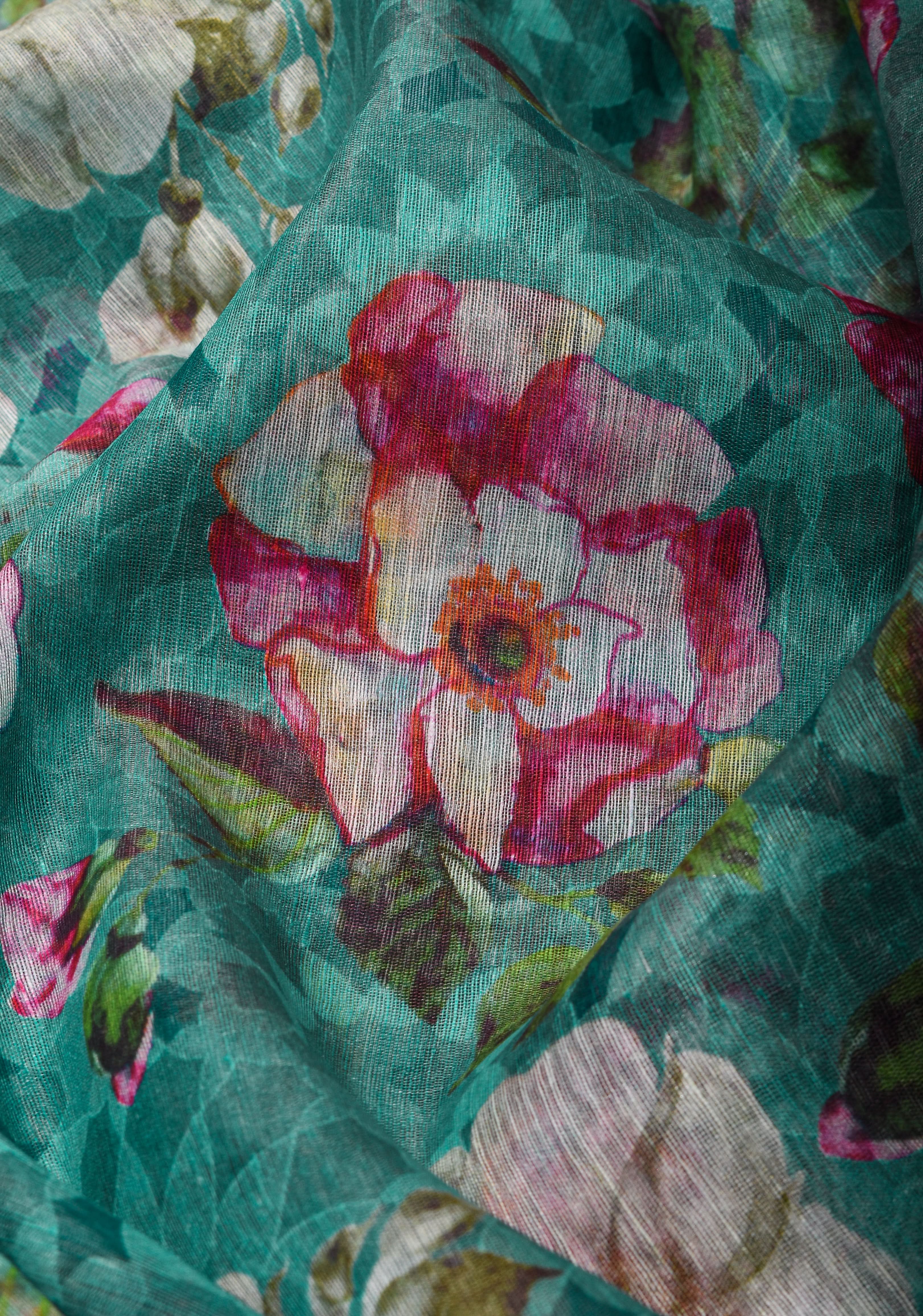 Blue Silk Linen Saree with Floral Digital Print | Shobitam