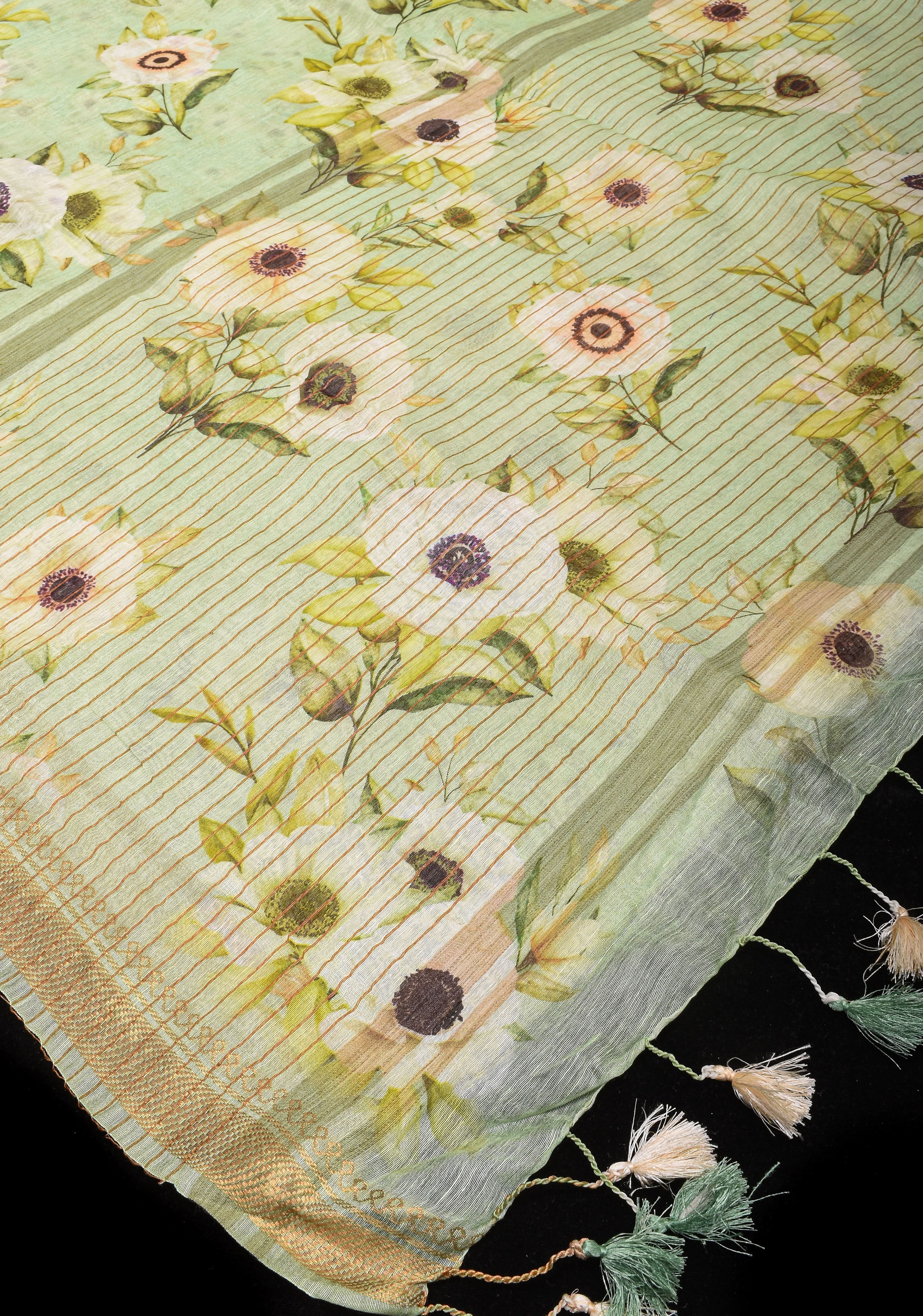 Pastel green Silk Linen Saree with Floral Digital Print | Shobitam
