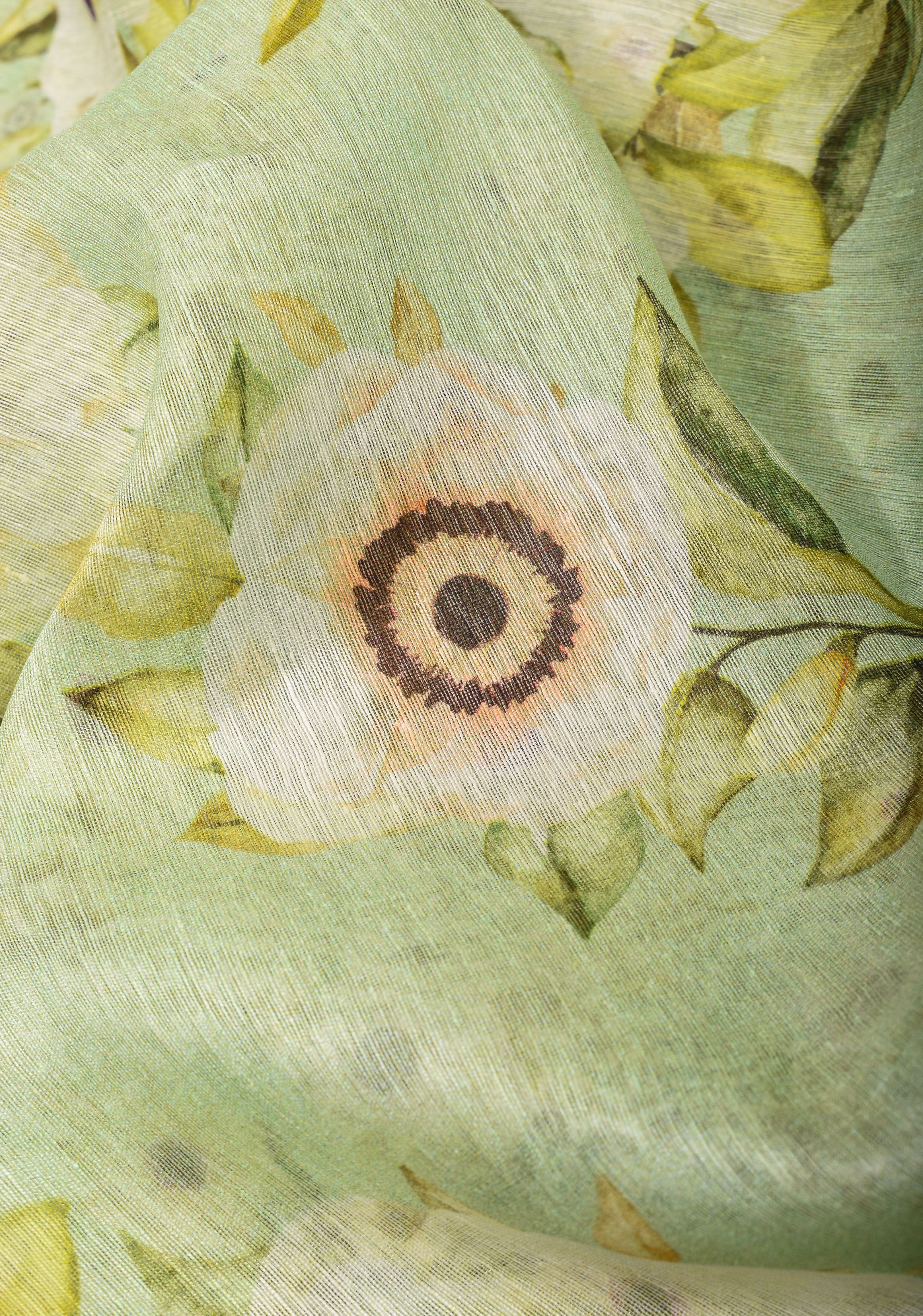 Pastel green Silk Linen Saree with Floral Digital Print | Shobitam