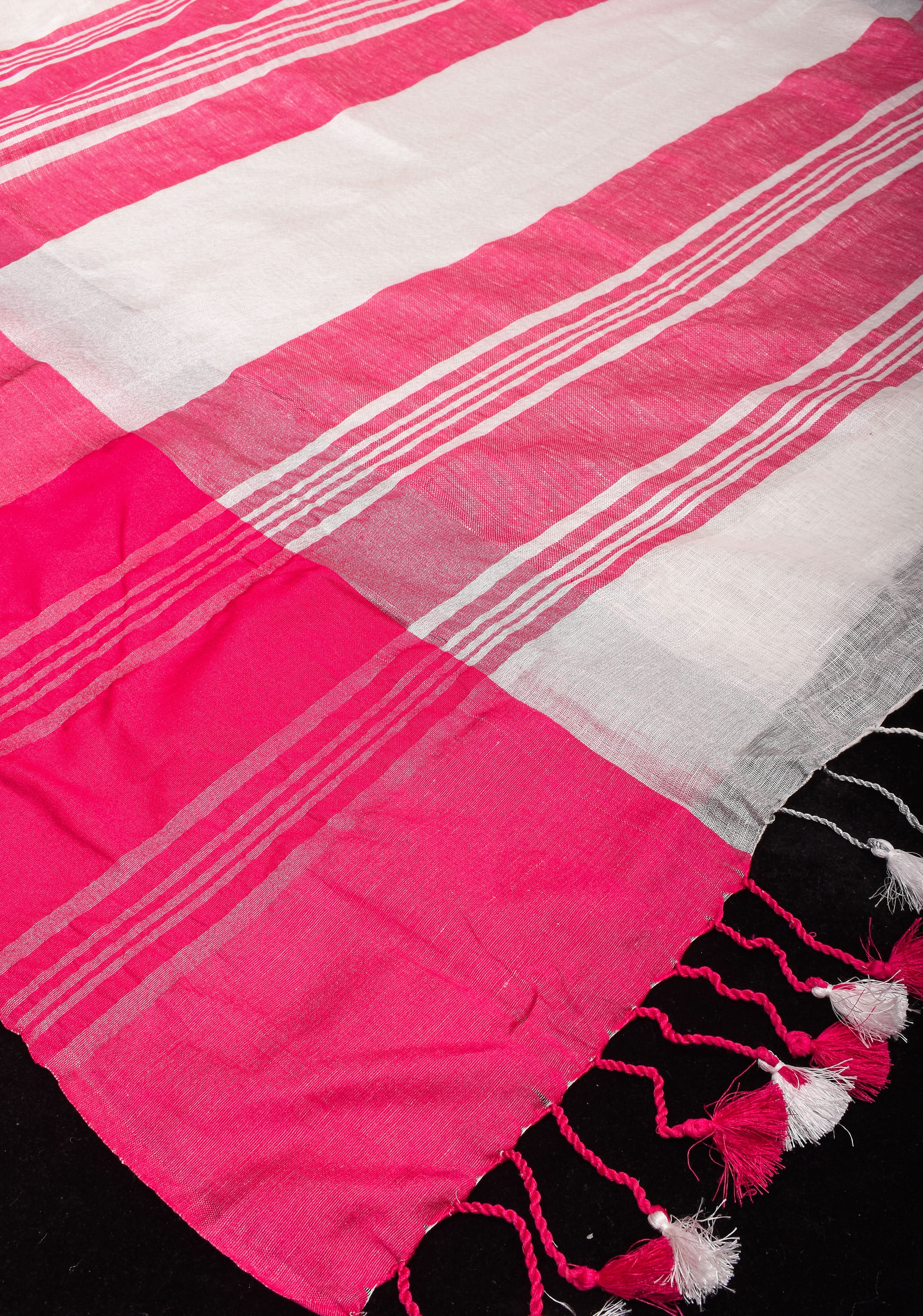 Charming White, Pink and Silver Wide Border Pure Linen by Linen Saree | Shobitam