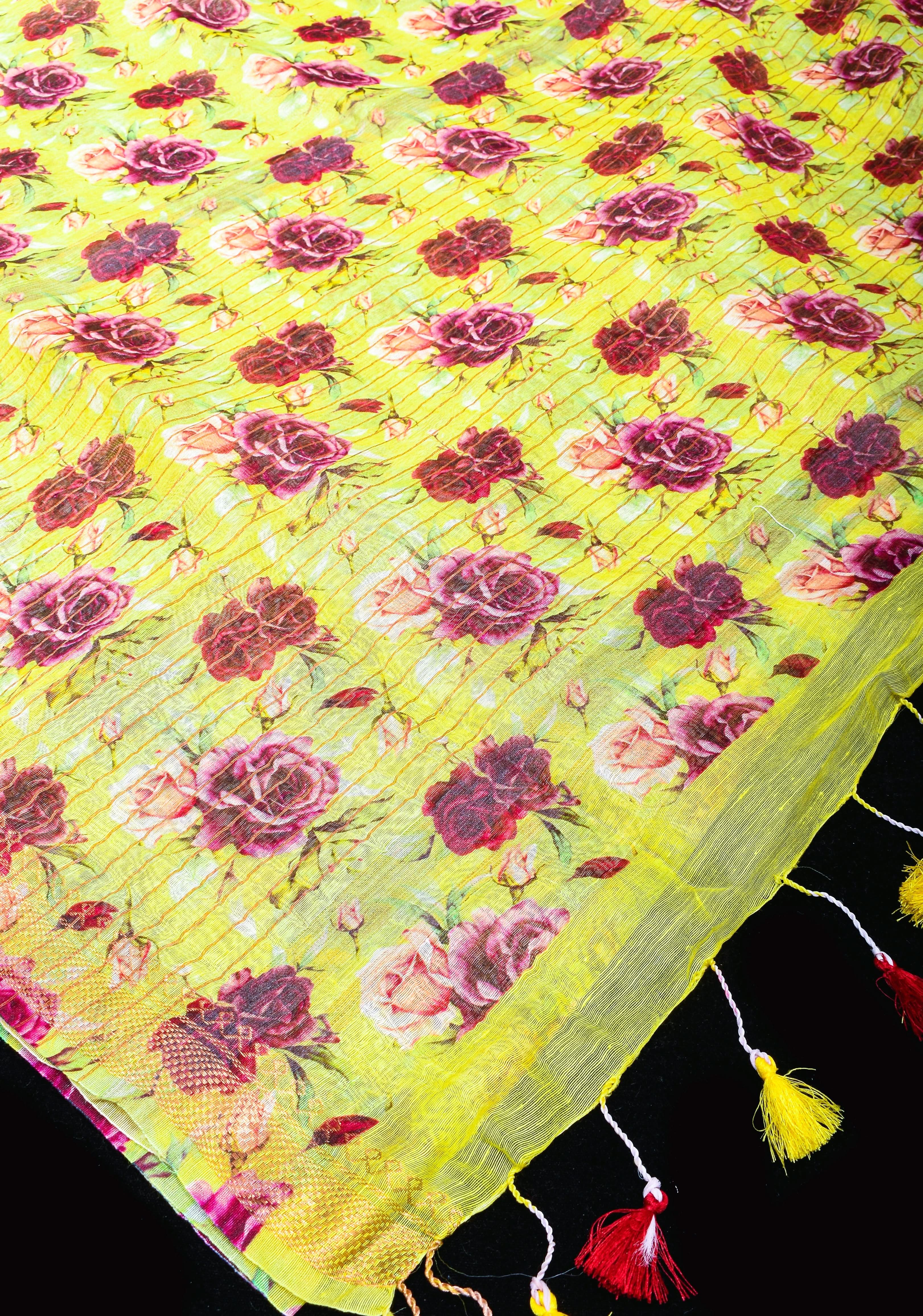 Citrine Silk Linen Saree with Rose Floral Digital print, zari borders and long tassels | Shobitam