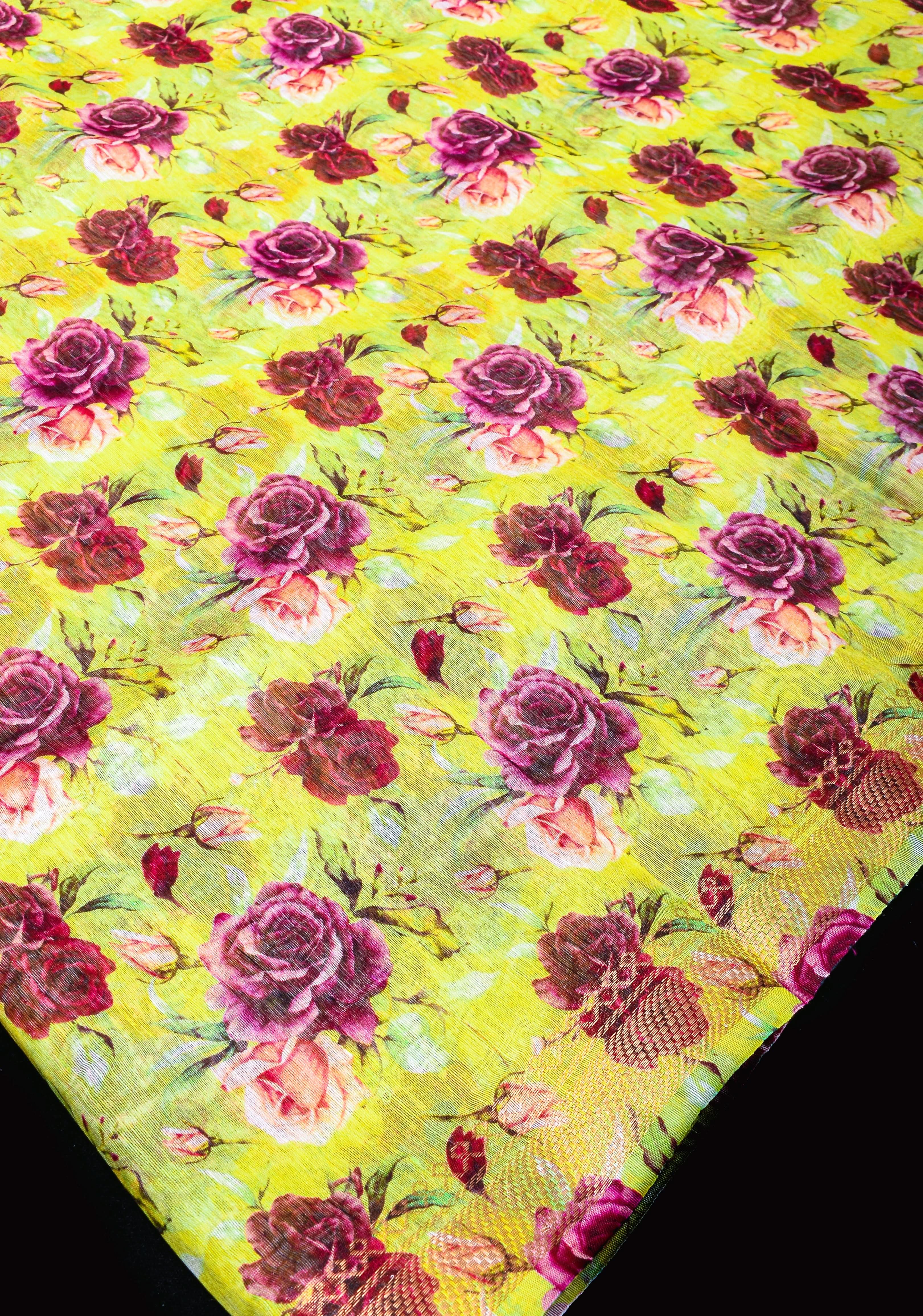 Citrine Silk Linen Saree with Rose Floral Digital print, zari borders and long tassels | Shobitam