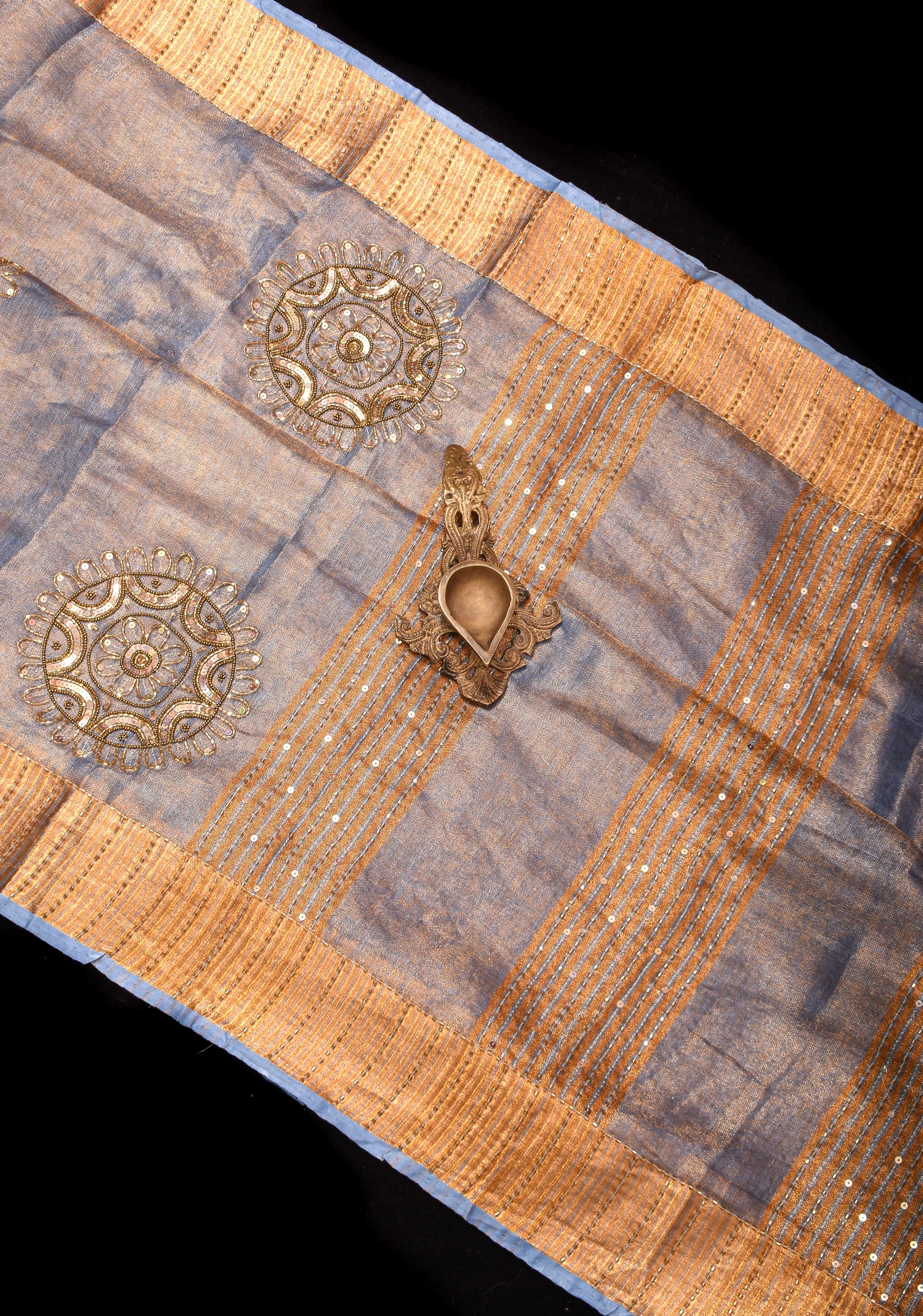 Gray Tissue Linen Saree with Sequin and Cutdana Handwork Mandala Buttas | Shobitam