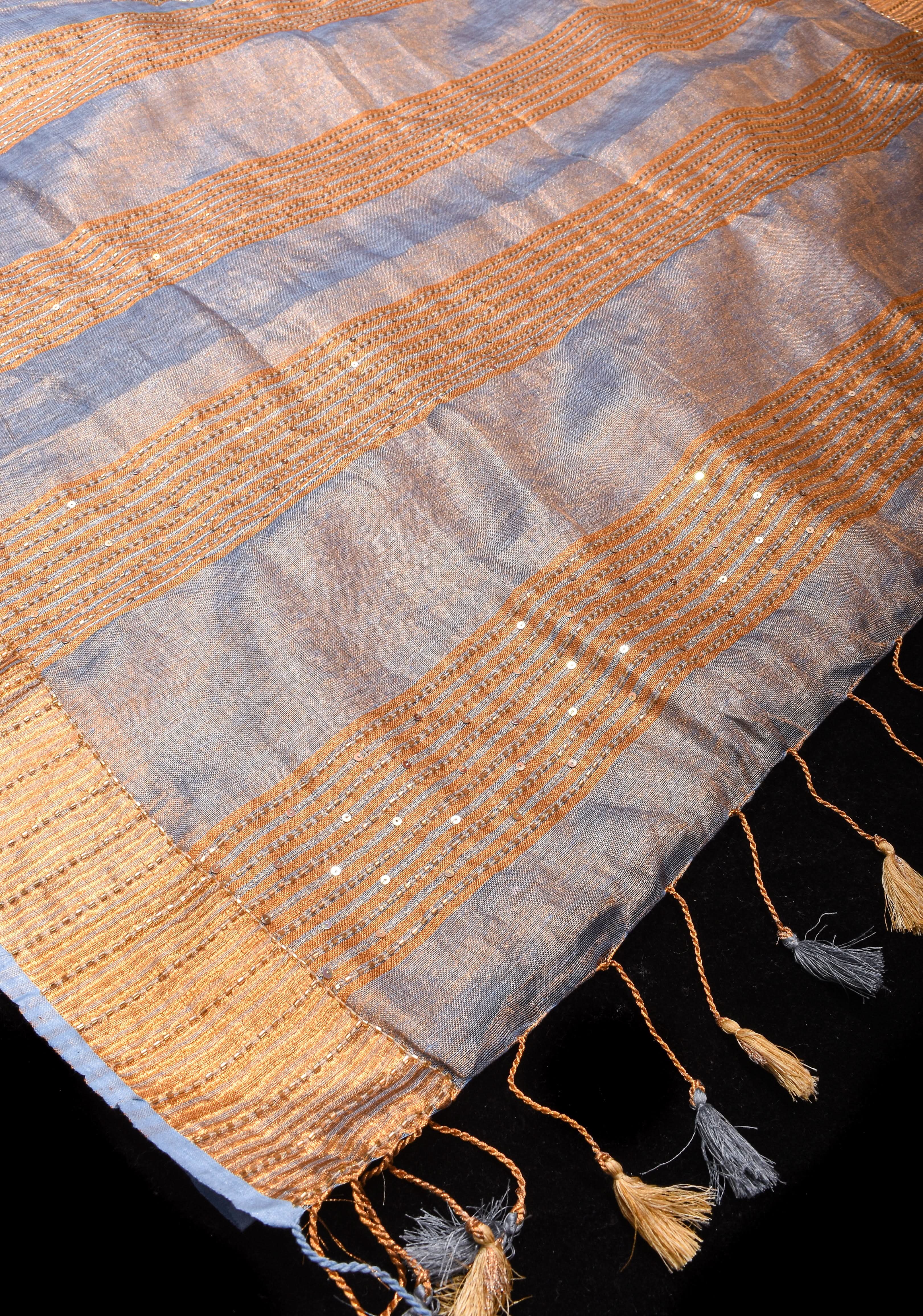 Gray Tissue Linen Saree with Sequin and Cutdana Handwork Mandala Buttas | Shobitam