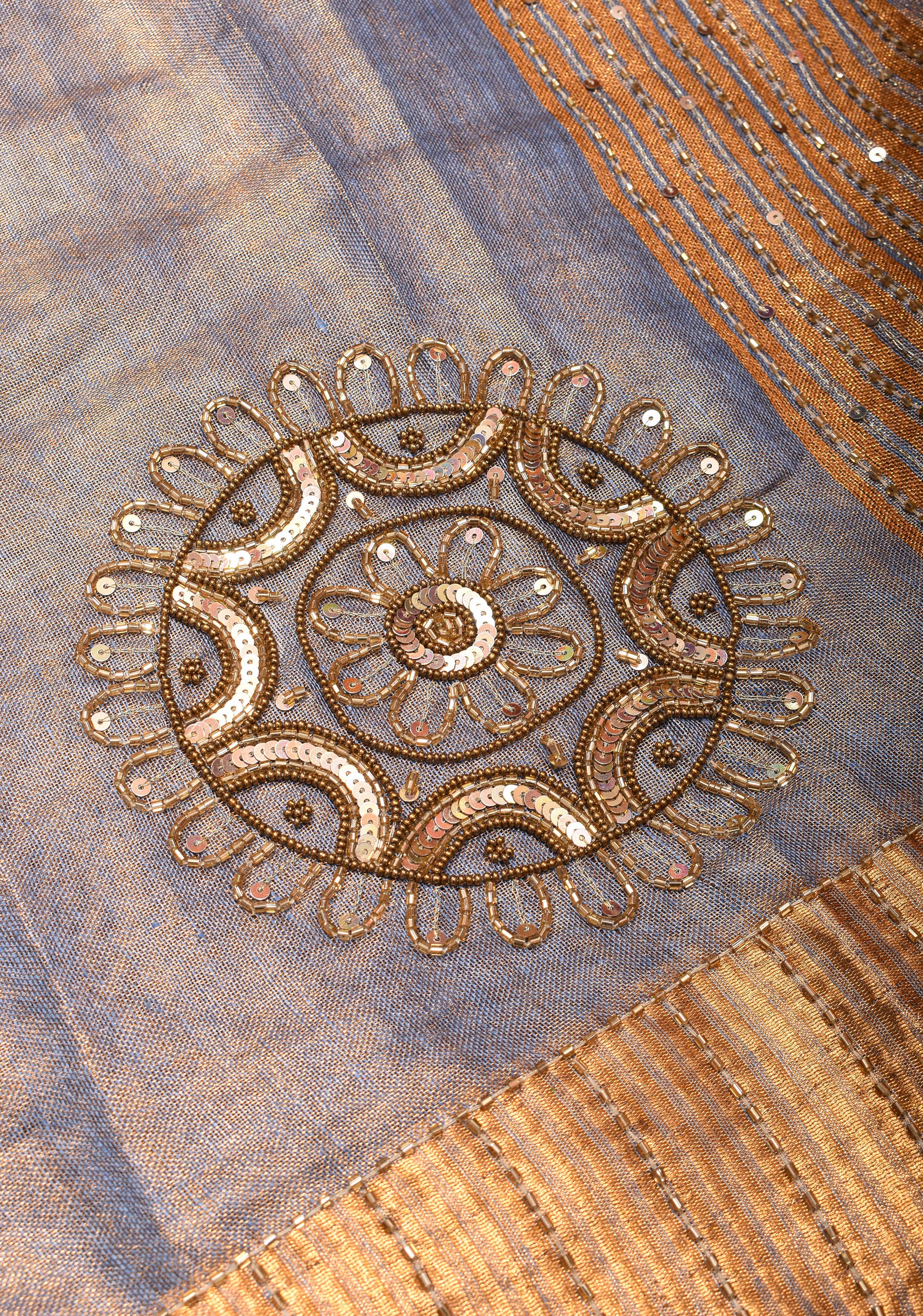 Gray Tissue Linen Saree with Sequin and Cutdana Handwork Mandala Buttas | Shobitam