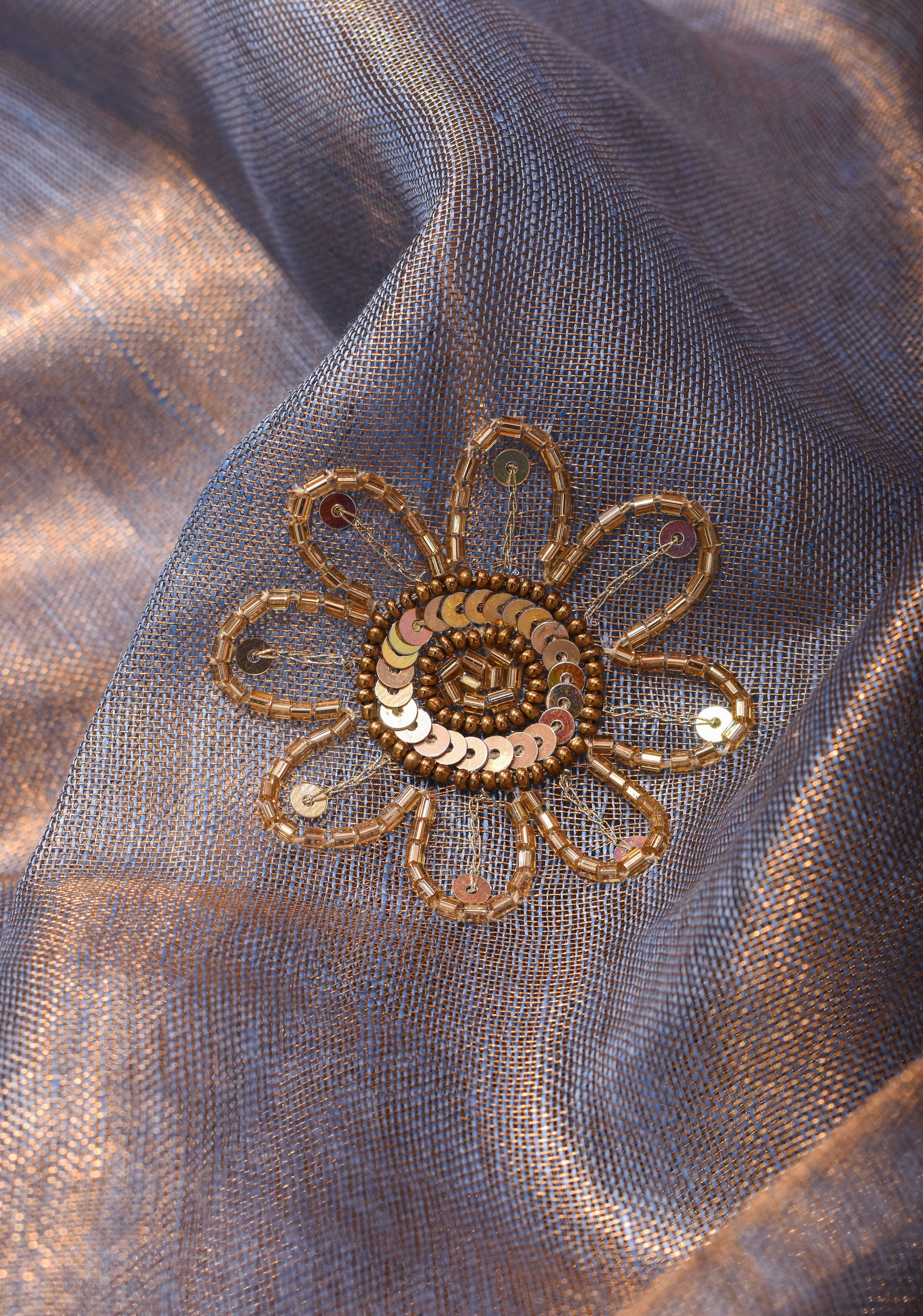 Gray Tissue Linen Saree with Sequin and Cutdana Handwork Mandala Buttas | Shobitam