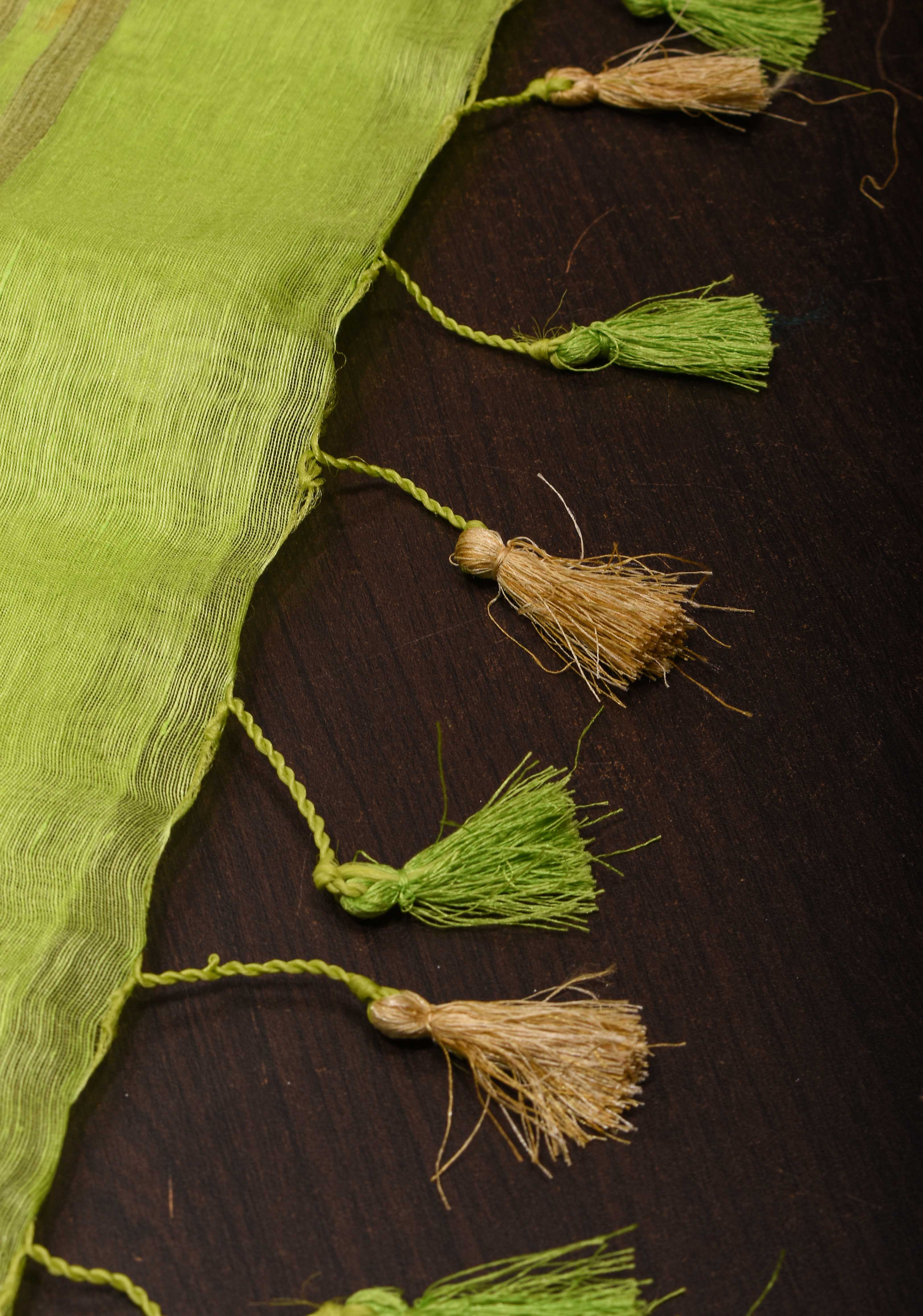 Silk Linen Saree in Lime Green with Parijaat Floral Embroidery | Shobitam