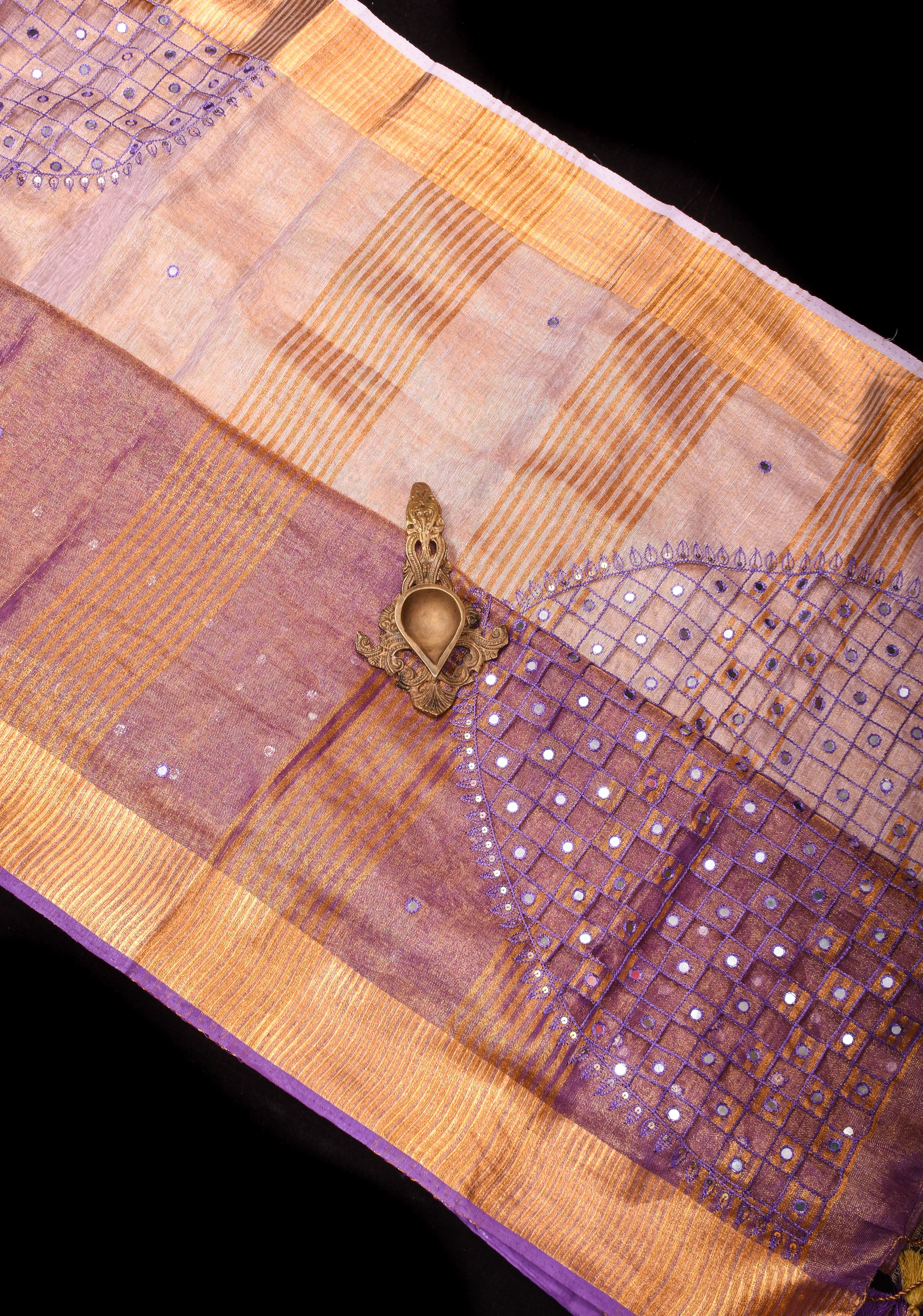 Cutwork and Mirror Work Tissue Linen Saree in Lavender Gold with Zari Border | Shobitam
