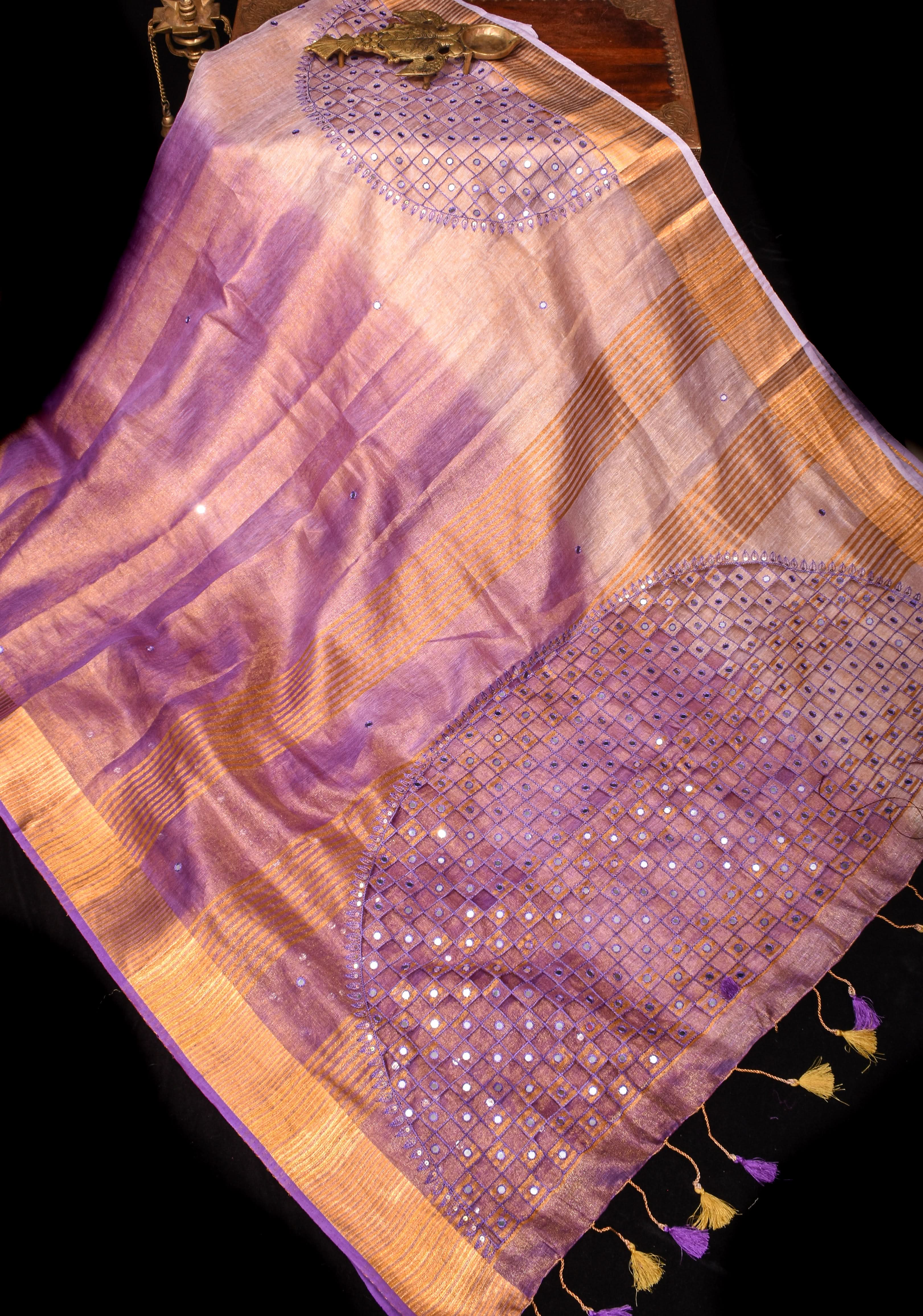Cutwork and Mirror Work Tissue Linen Saree in Lavender Gold with Zari Border | Shobitam