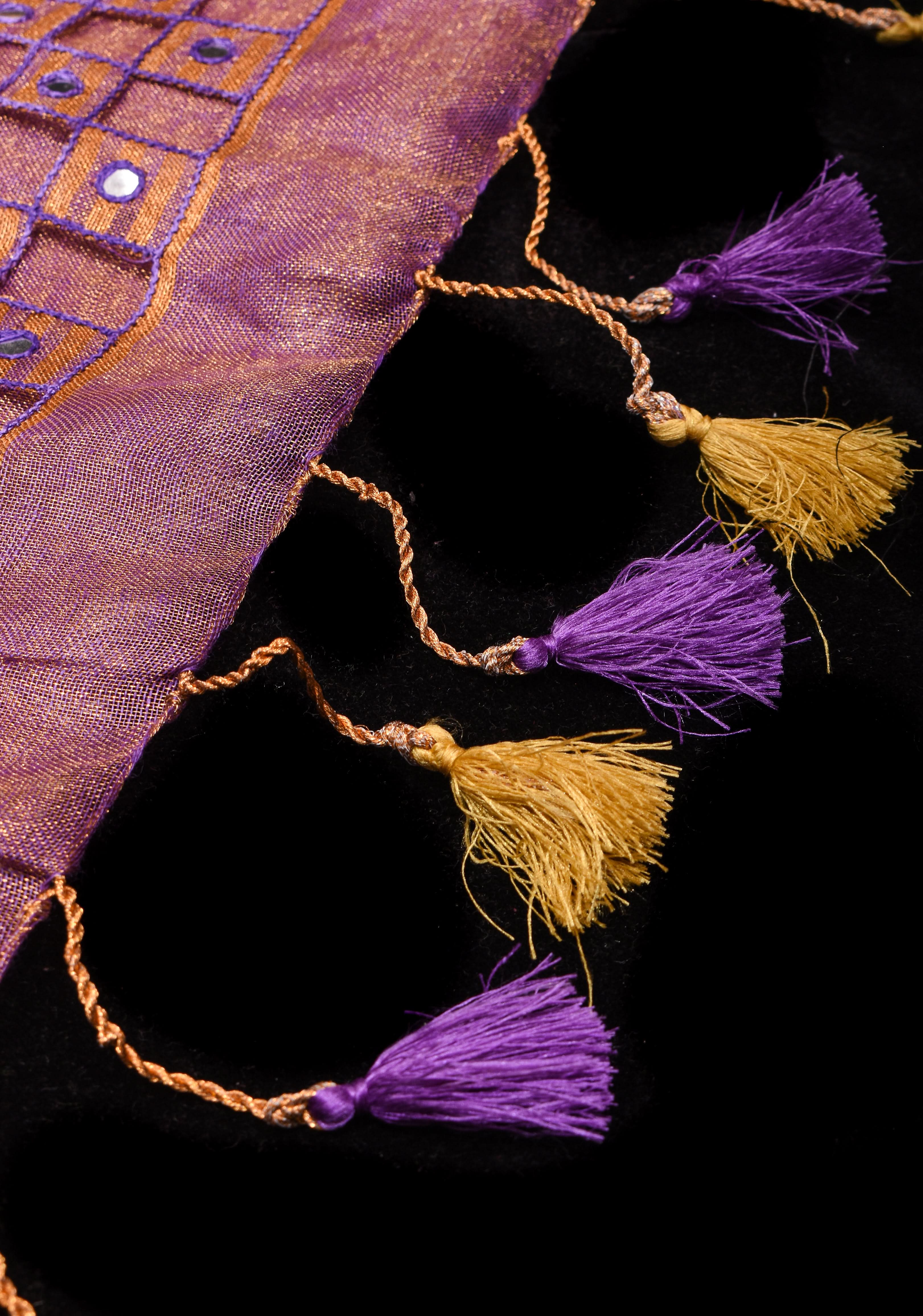 Cutwork and Mirror Work Tissue Linen Saree in Lavender Gold with Zari Border | Shobitam