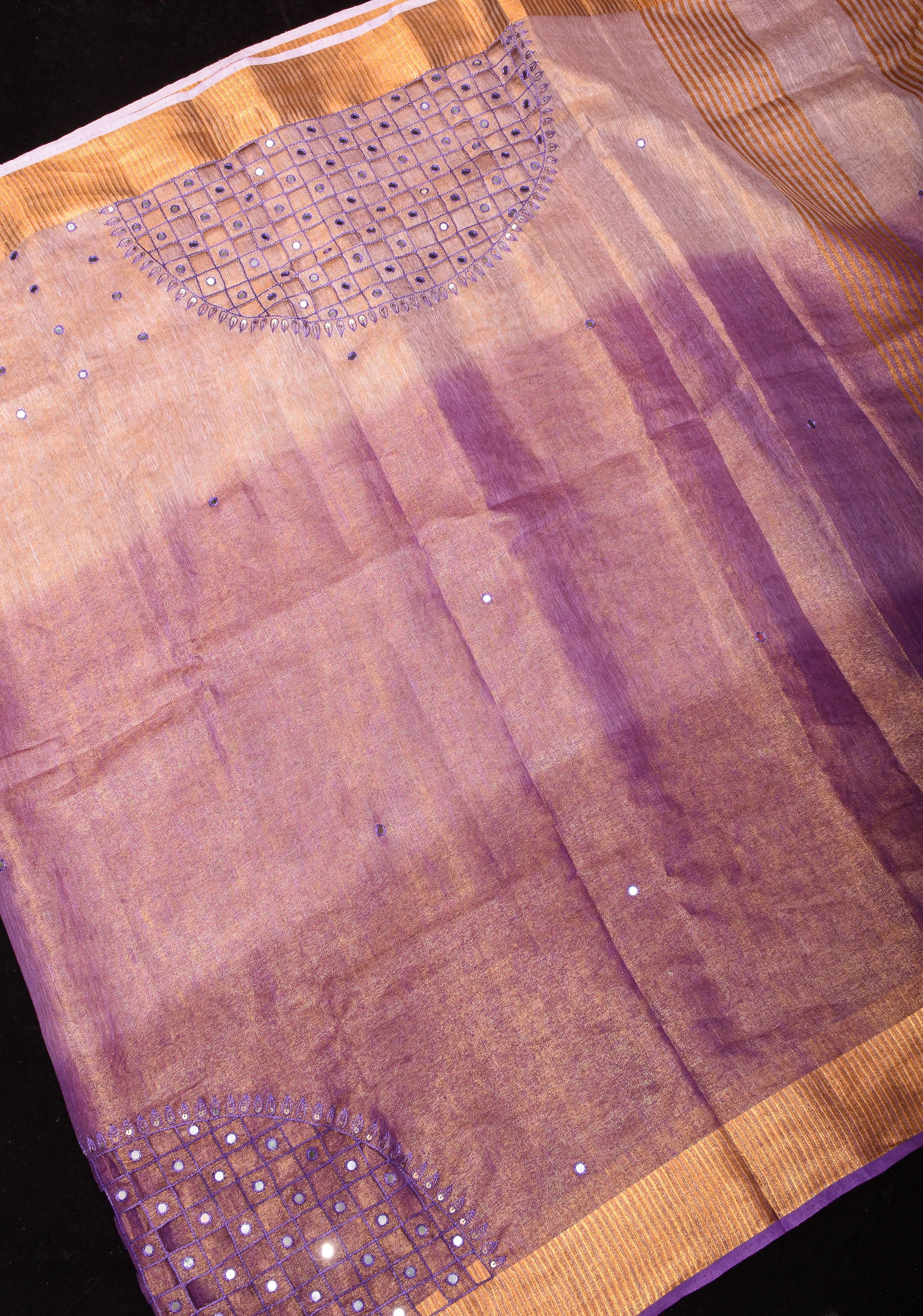 Cutwork and Mirror Work Tissue Linen Saree in Lavender Gold with Zari Border | Shobitam