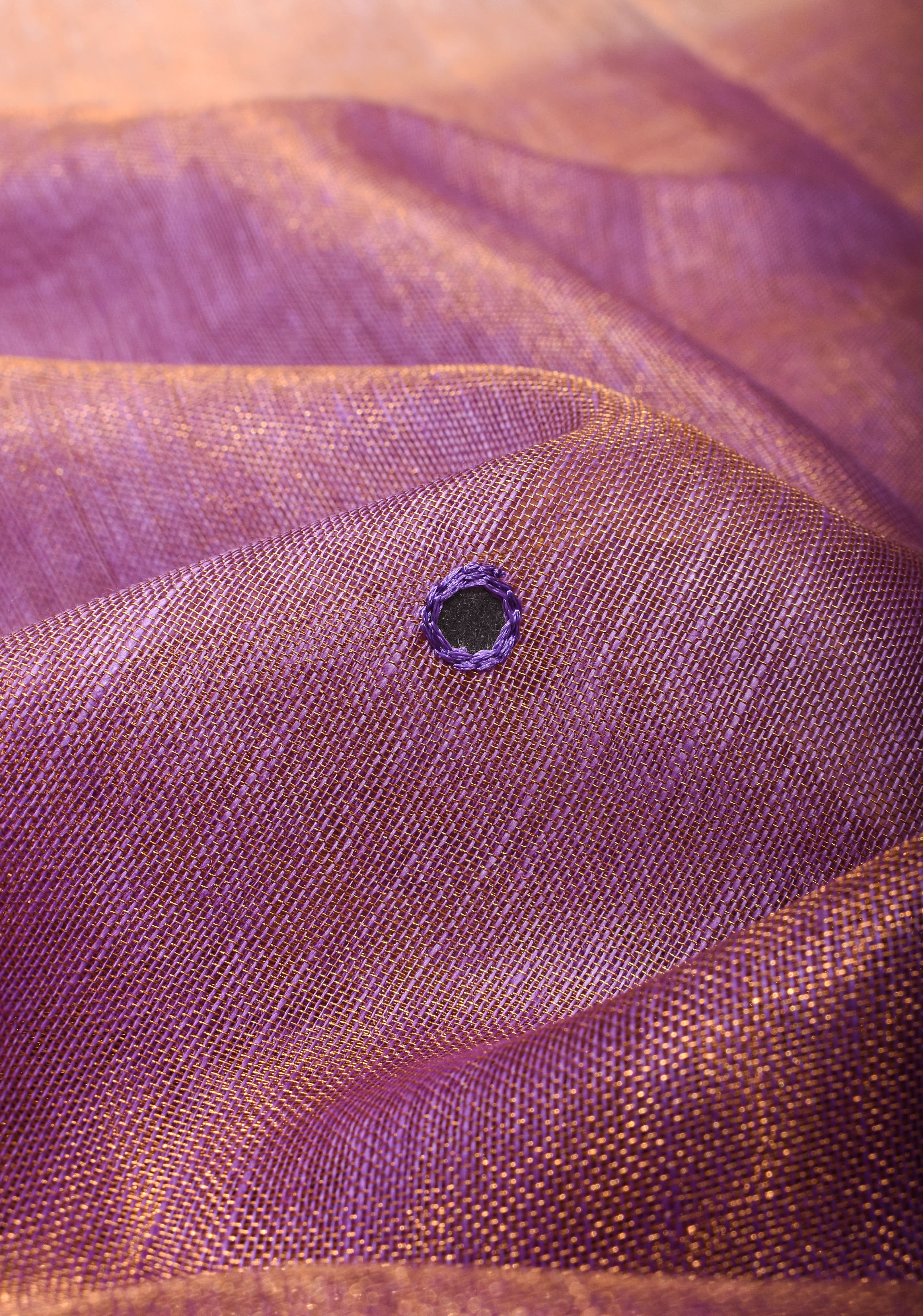 Cutwork and Mirror Work Tissue Linen Saree in Lavender Gold with Zari Border | Shobitam