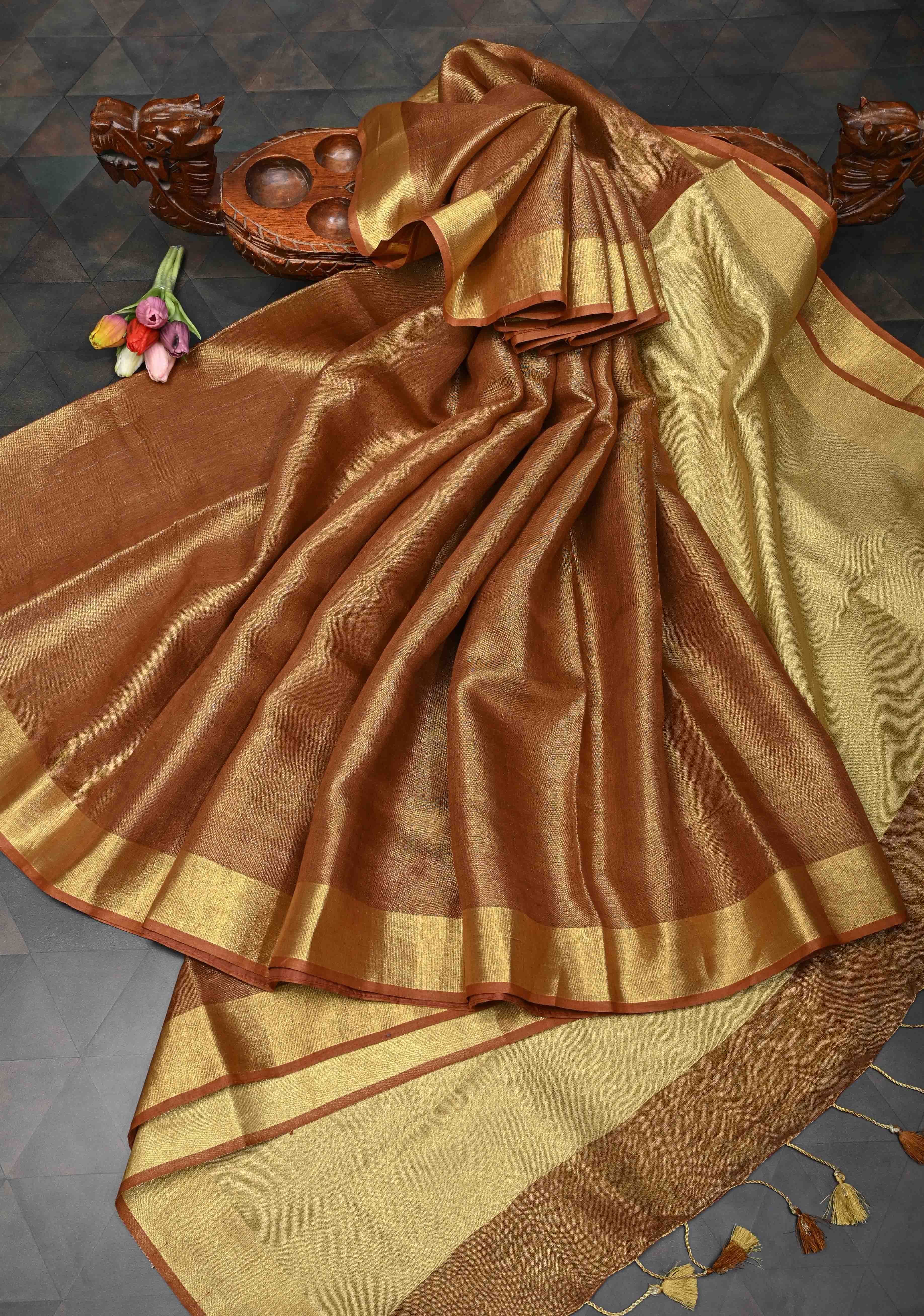 Rusty Brown Tissue Linen Saree with Contrast Zari Border