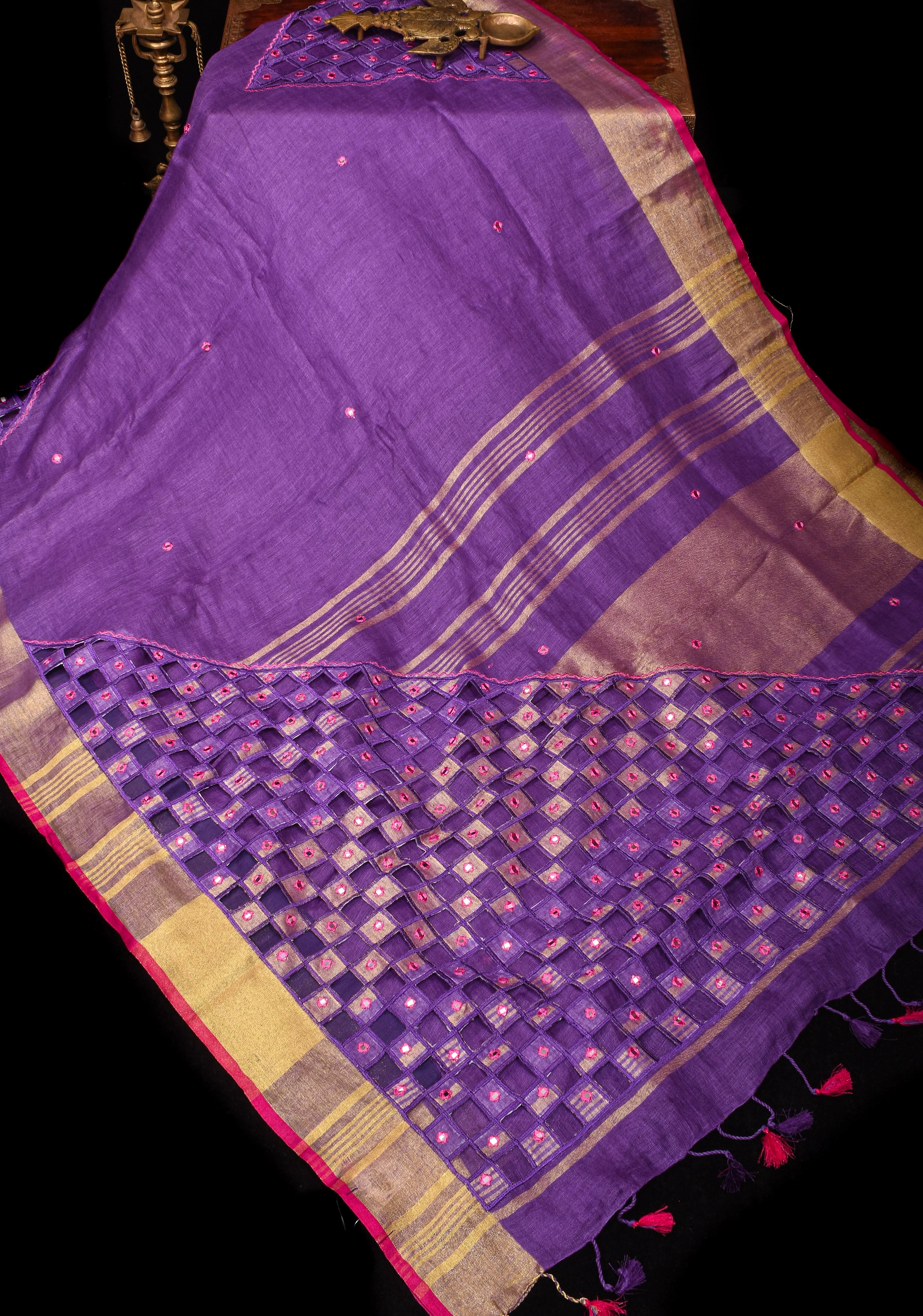 Jaali Pallu - Linen by Linen Cutwork with Pink embroidery and Mirror work Saree in Purple | Shobitam