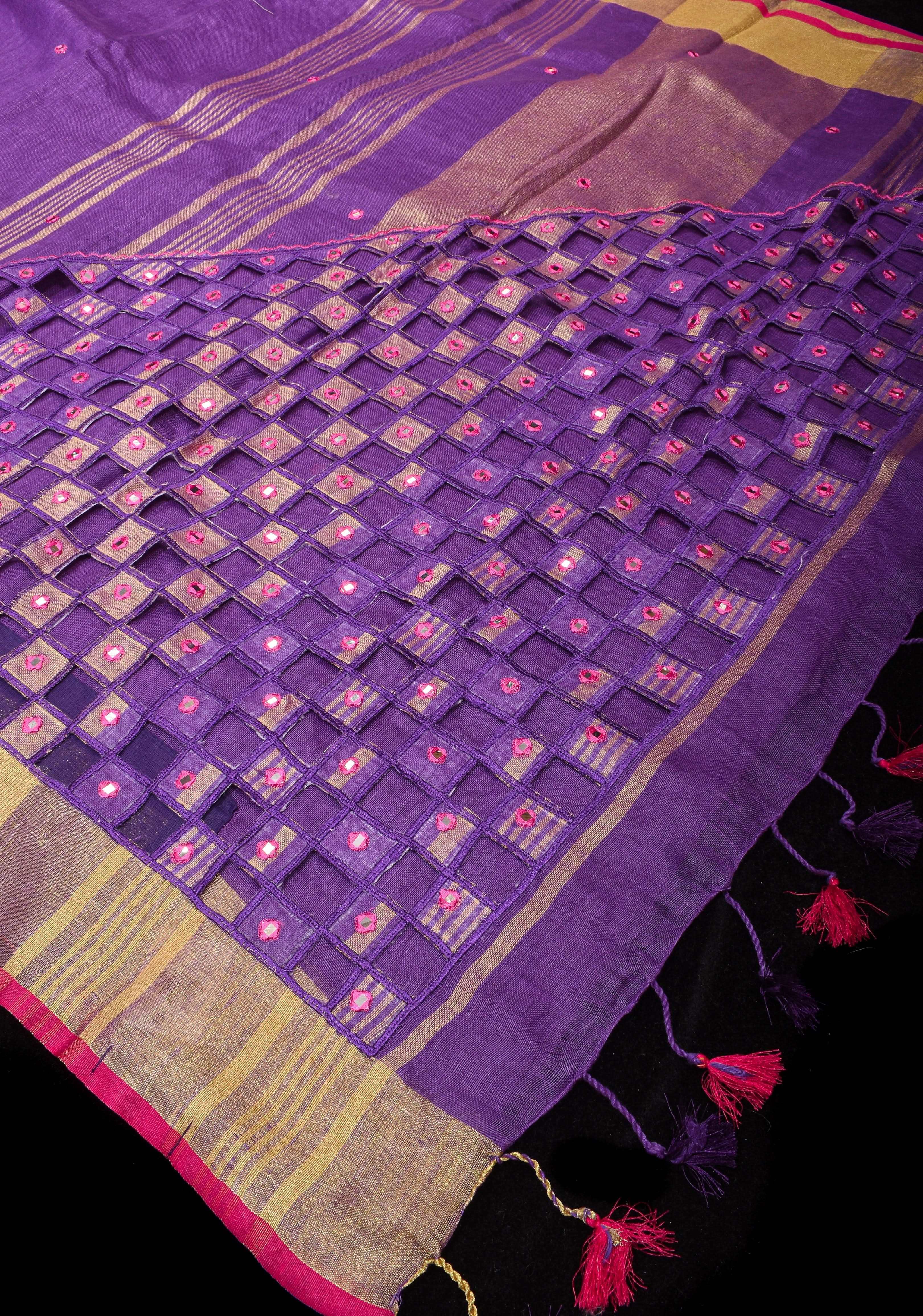 Jaali Pallu - Linen by Linen Cutwork with Pink embroidery and Mirror work Saree in Purple | Shobitam