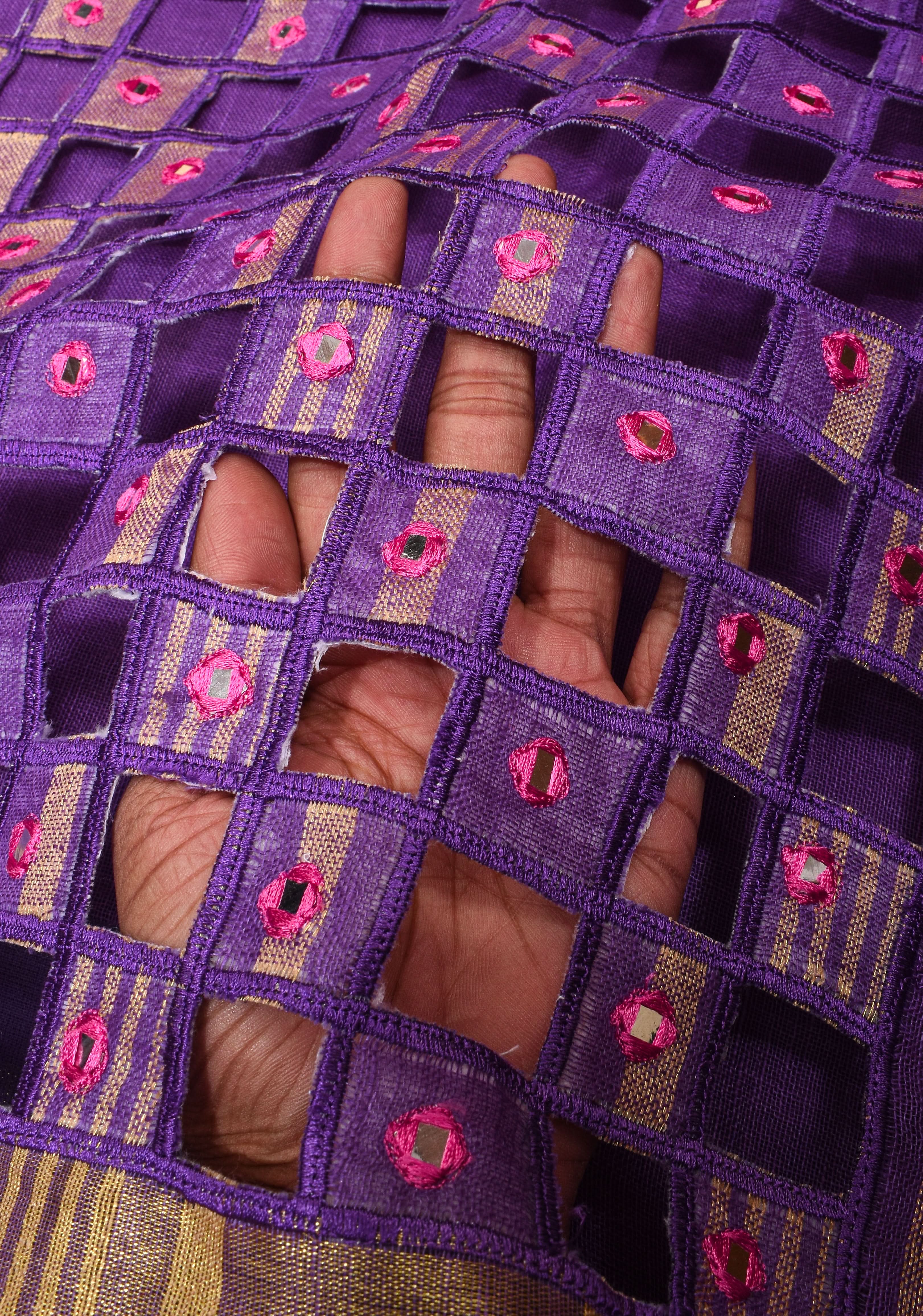 Jaali Pallu - Linen by Linen Cutwork with Pink embroidery and Mirror work Saree in Purple | Shobitam