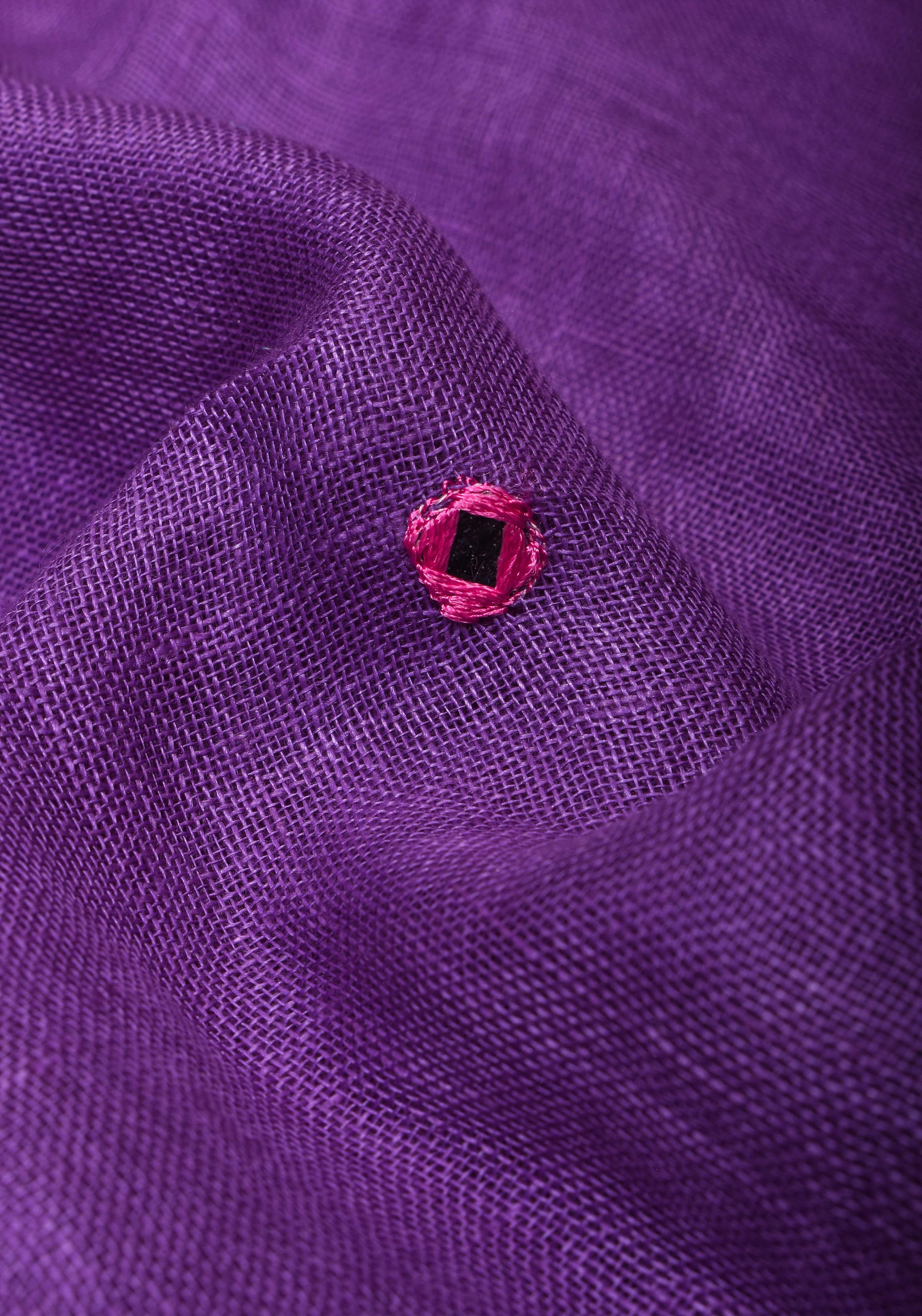 Jaali Pallu - Linen by Linen Cutwork with Pink embroidery and Mirror work Saree in Purple | Shobitam