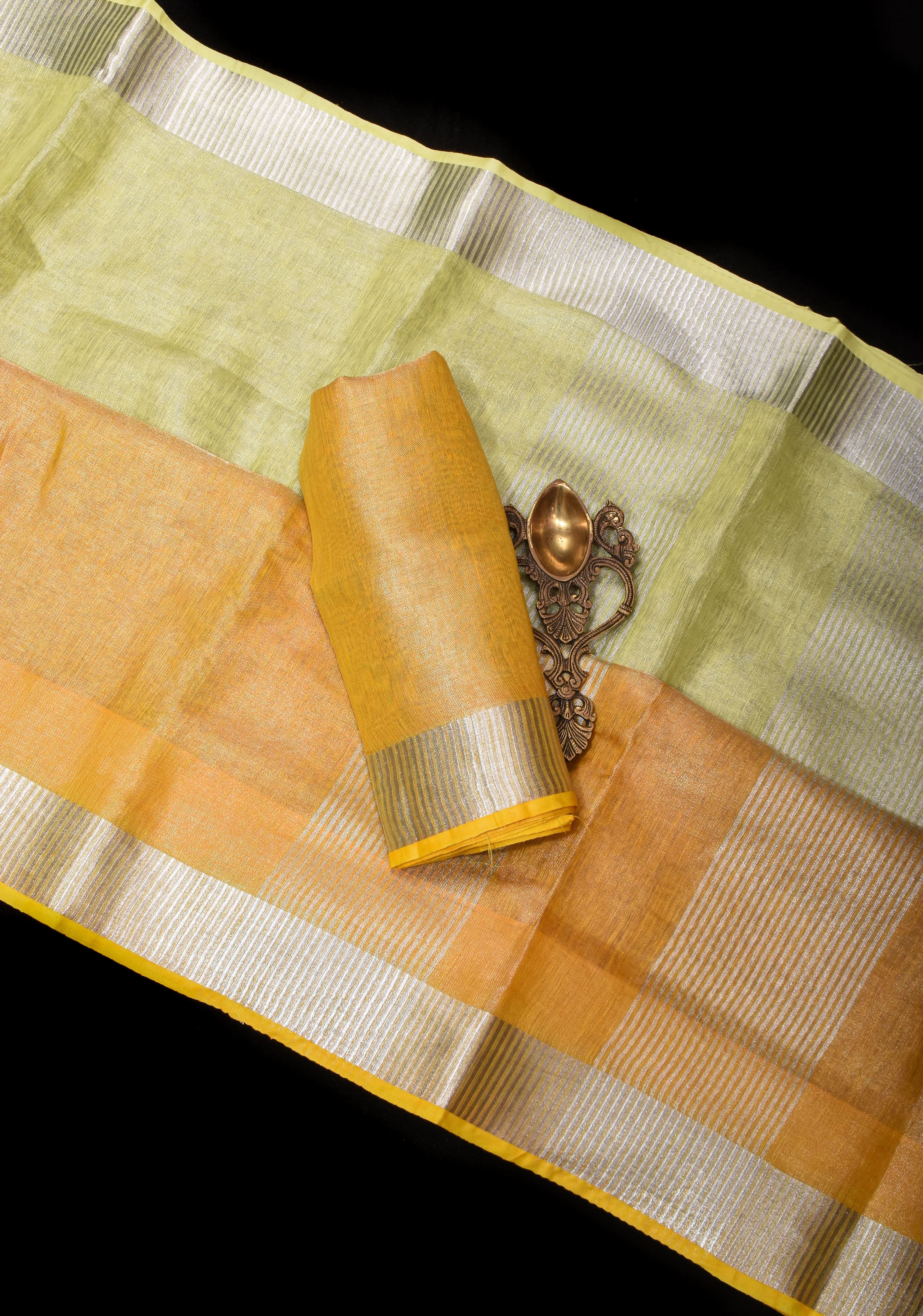XL Saree - Yellow Ombre Silver Tissue Linen Saree with Silver Ribbed Borders | Shobitam