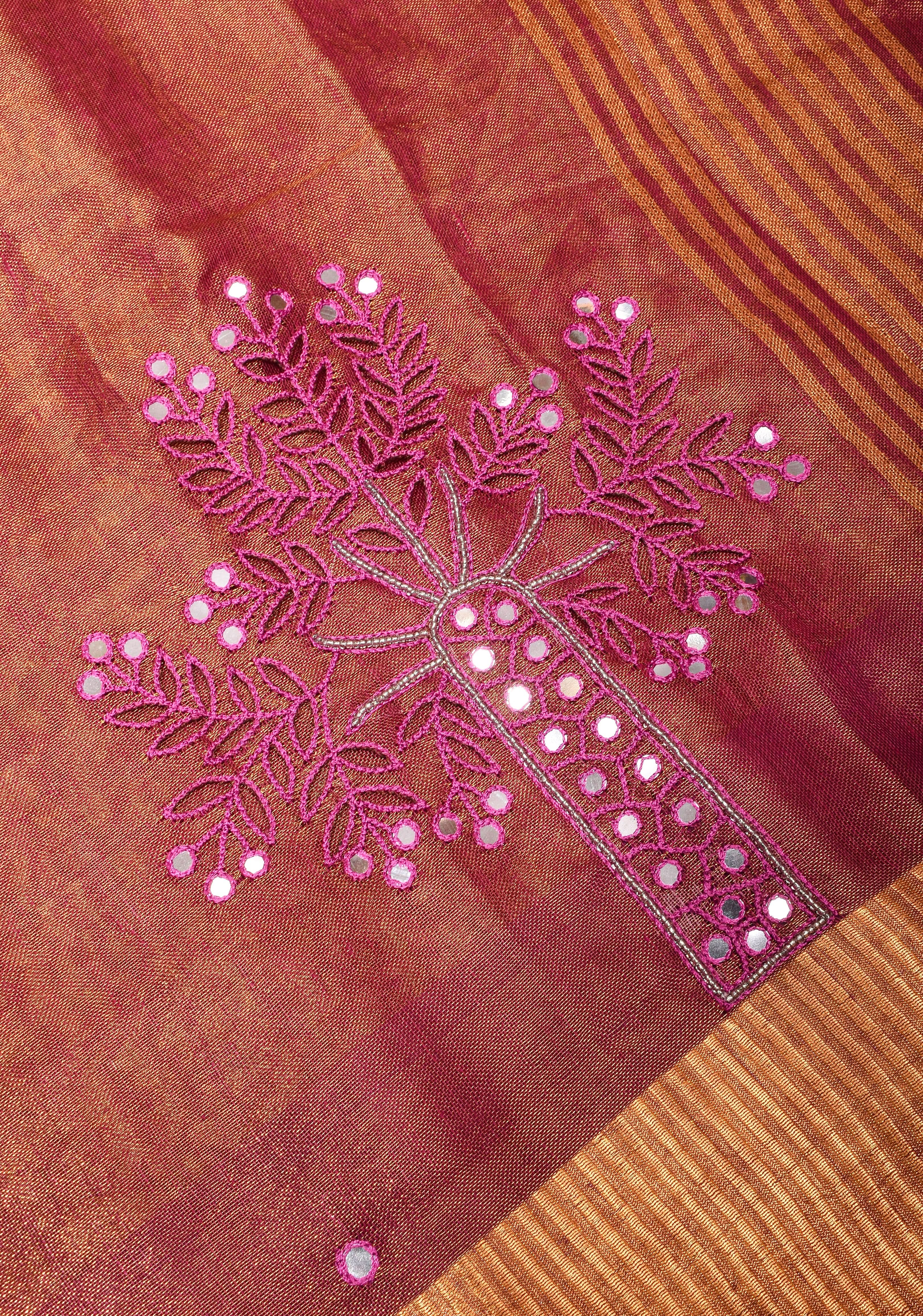 Tree Cutwork and Mirror Work Tissue Linen Saree in Magenta with pretty tassels | Shobitam