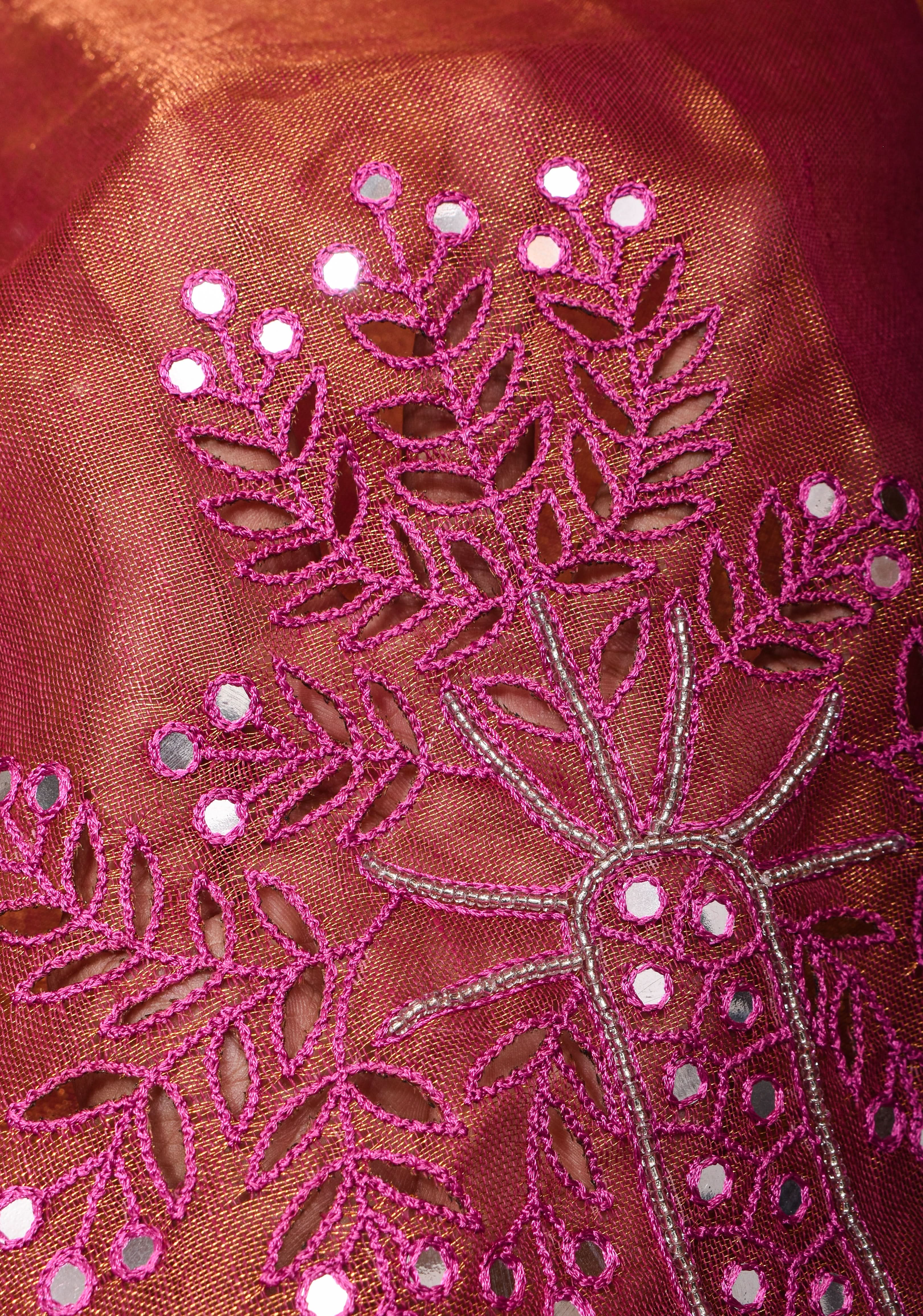 Tree Cutwork and Mirror Work Tissue Linen Saree in Magenta with pretty tassels | Shobitam