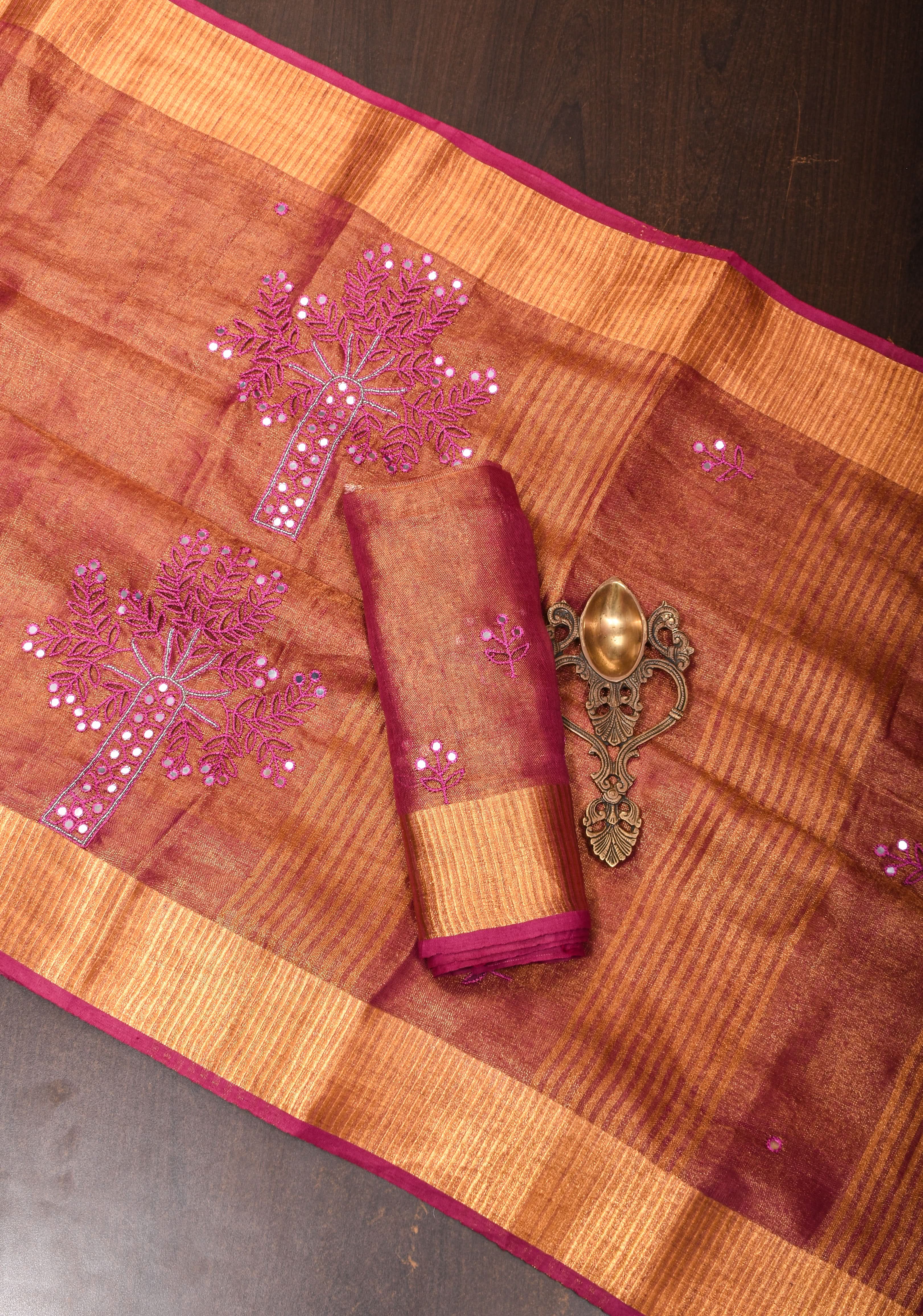 Tree Cutwork and Mirror Work Tissue Linen Saree in Magenta with pretty tassels | Shobitam