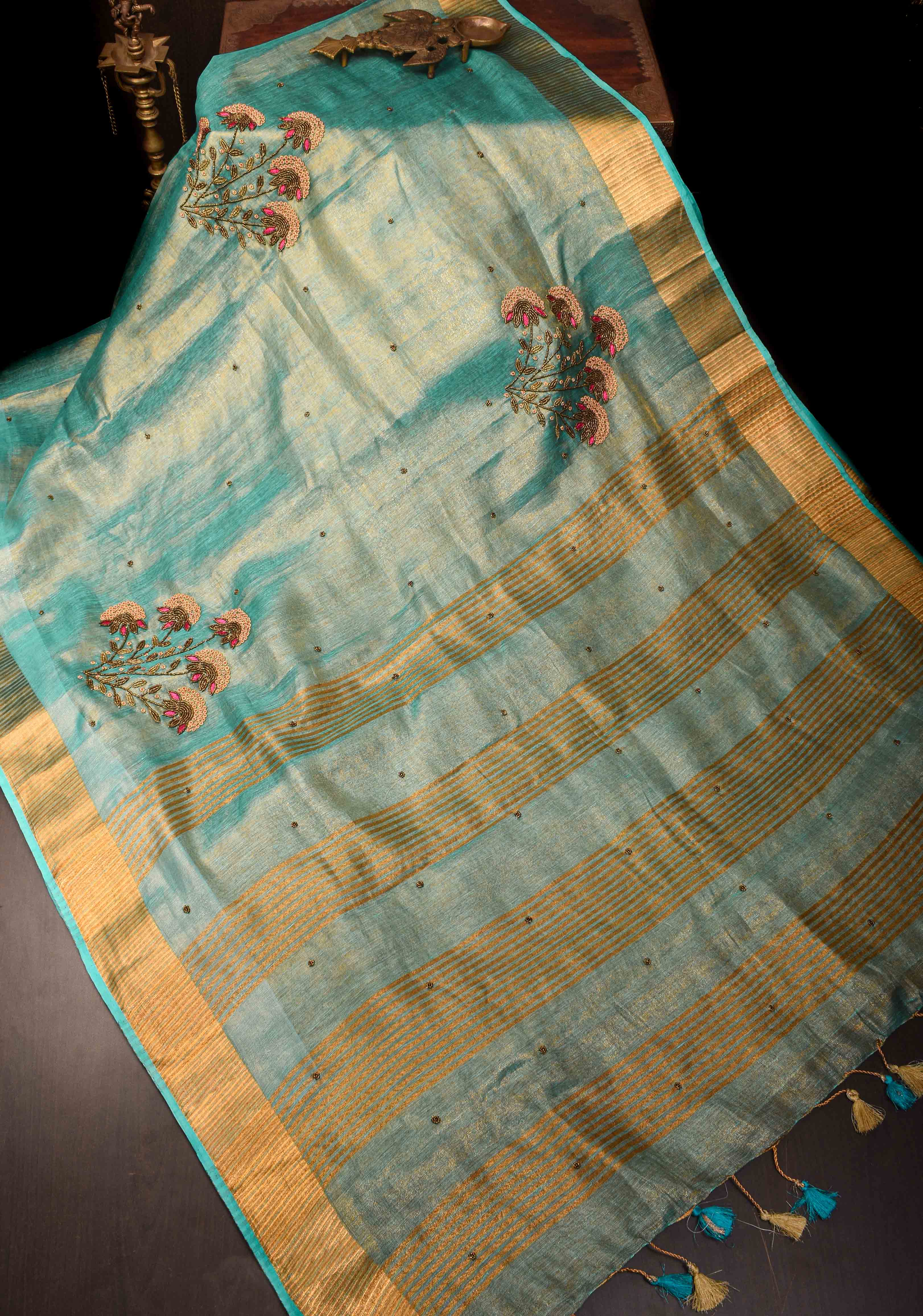 Hand Beadwork on Tissue Linen Saree in Blue with Gold Tissue | Shobitam
