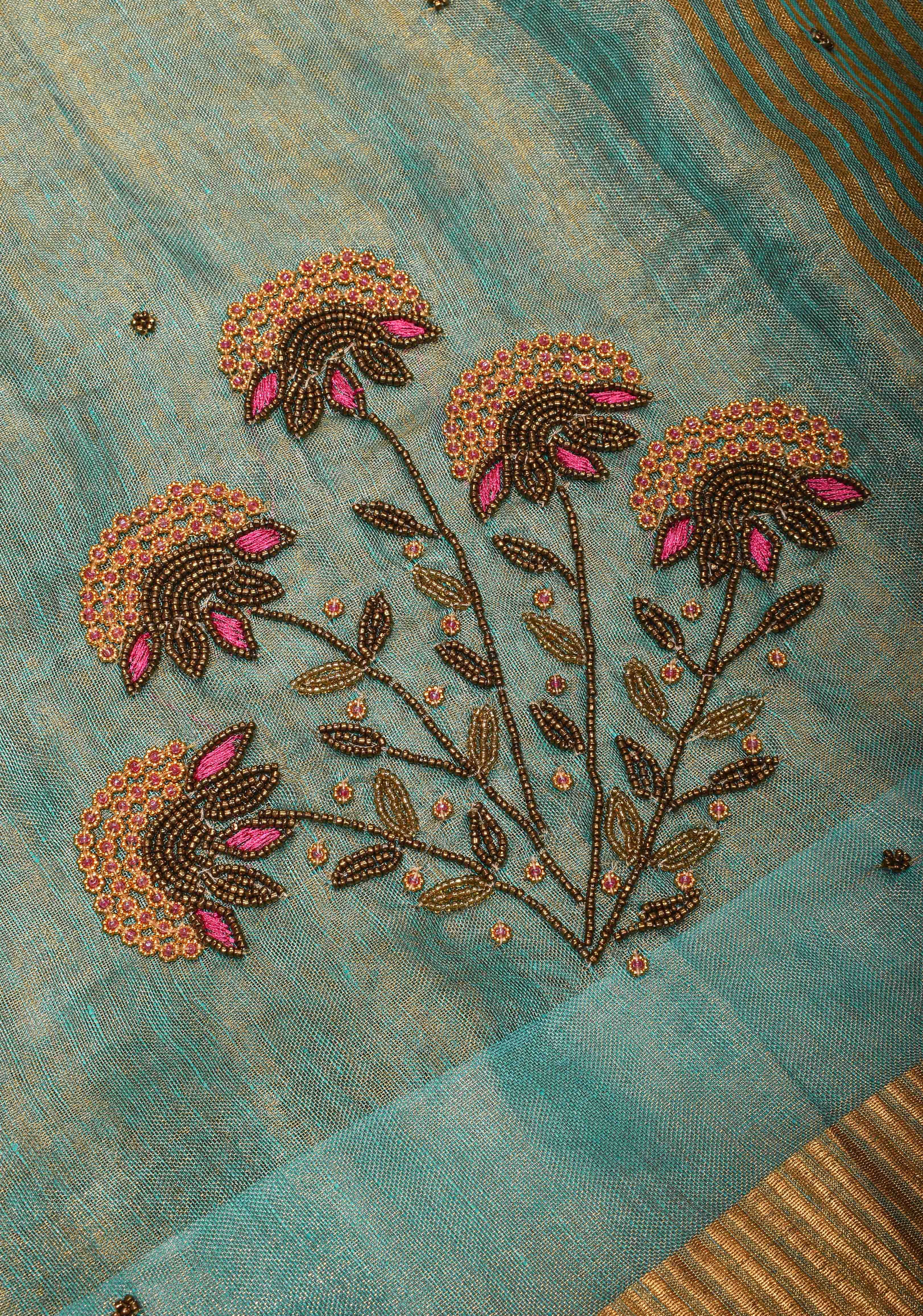 Hand Beadwork on Tissue Linen Saree in Blue with Gold Tissue | Shobitam