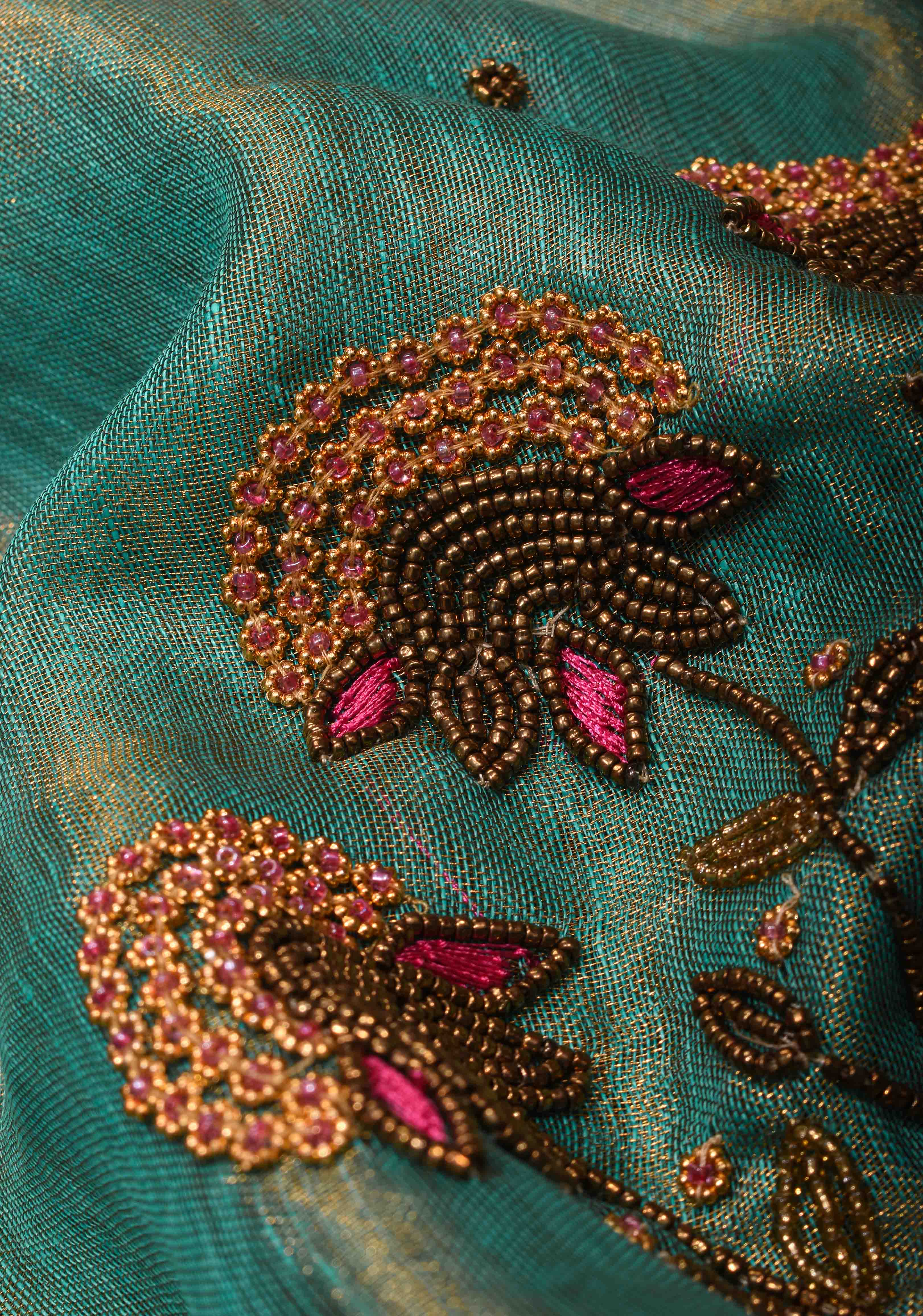 Hand Beadwork on Tissue Linen Saree in Blue with Gold Tissue | Shobitam
