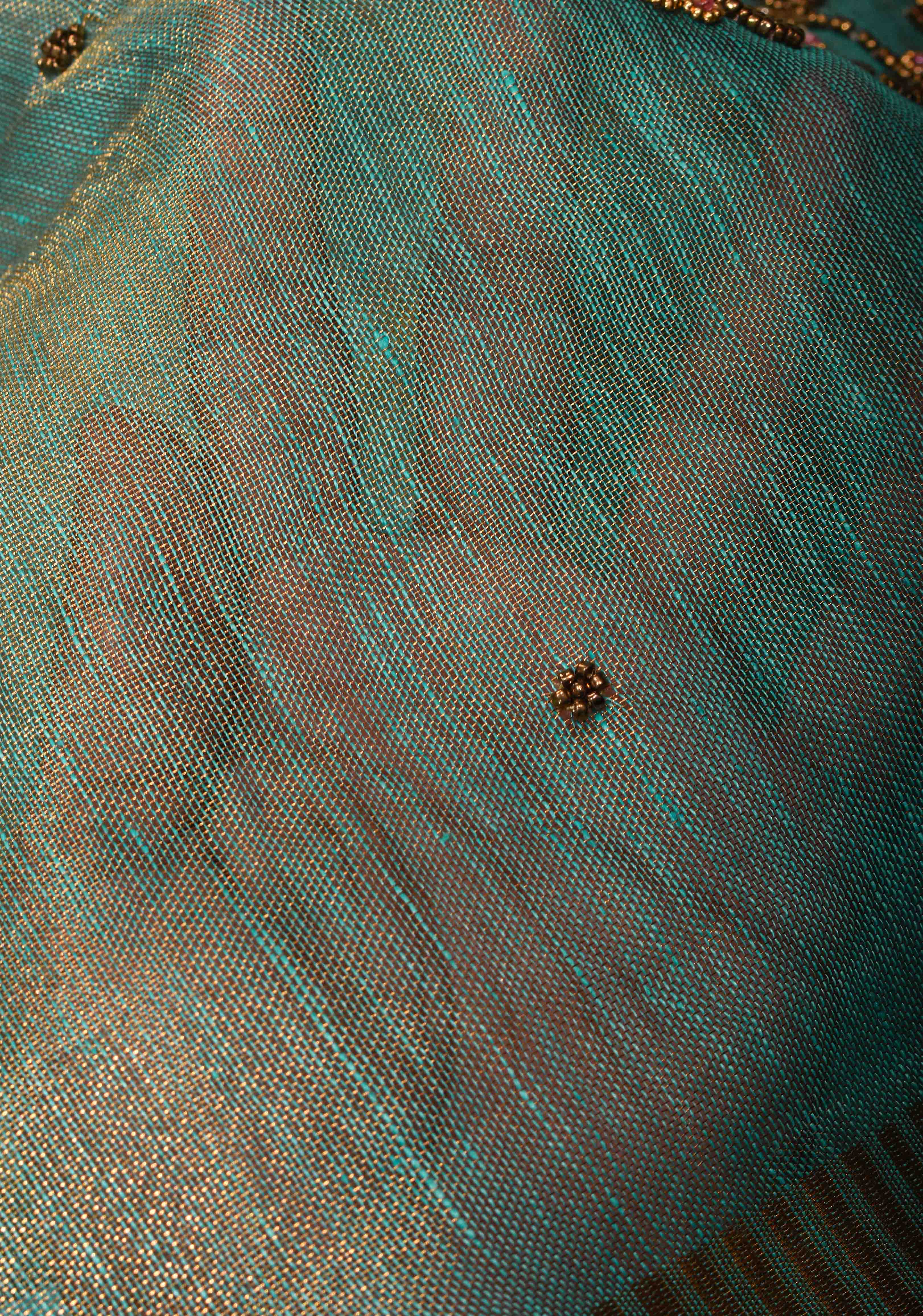 Hand Beadwork on Tissue Linen Saree in Blue with Gold Tissue | Shobitam