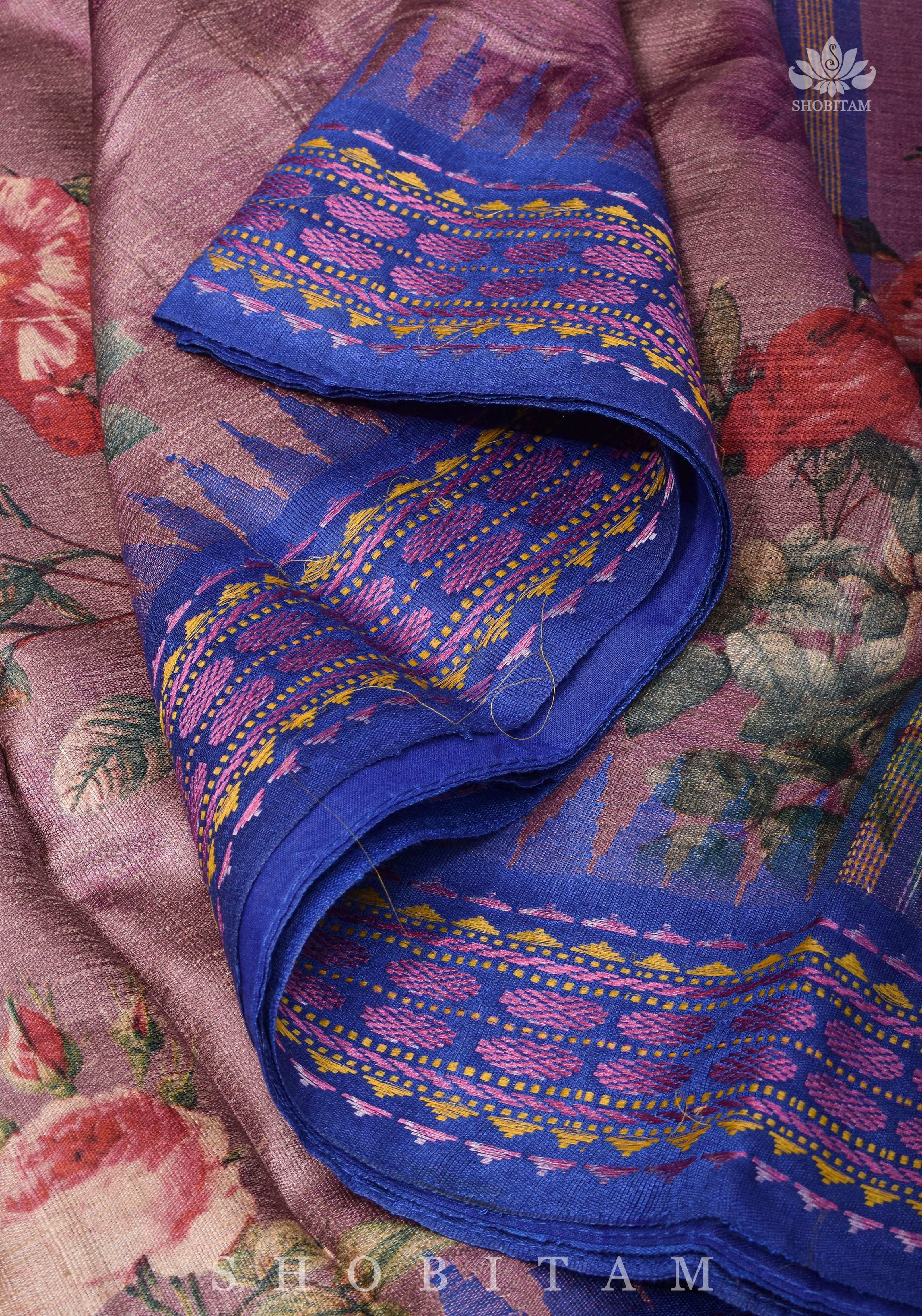 Floral Digital Printed Kosa Tussar Silk Saree in Mauve with Contrast Border | SILK MARK CERTIFIED | Shobitam
