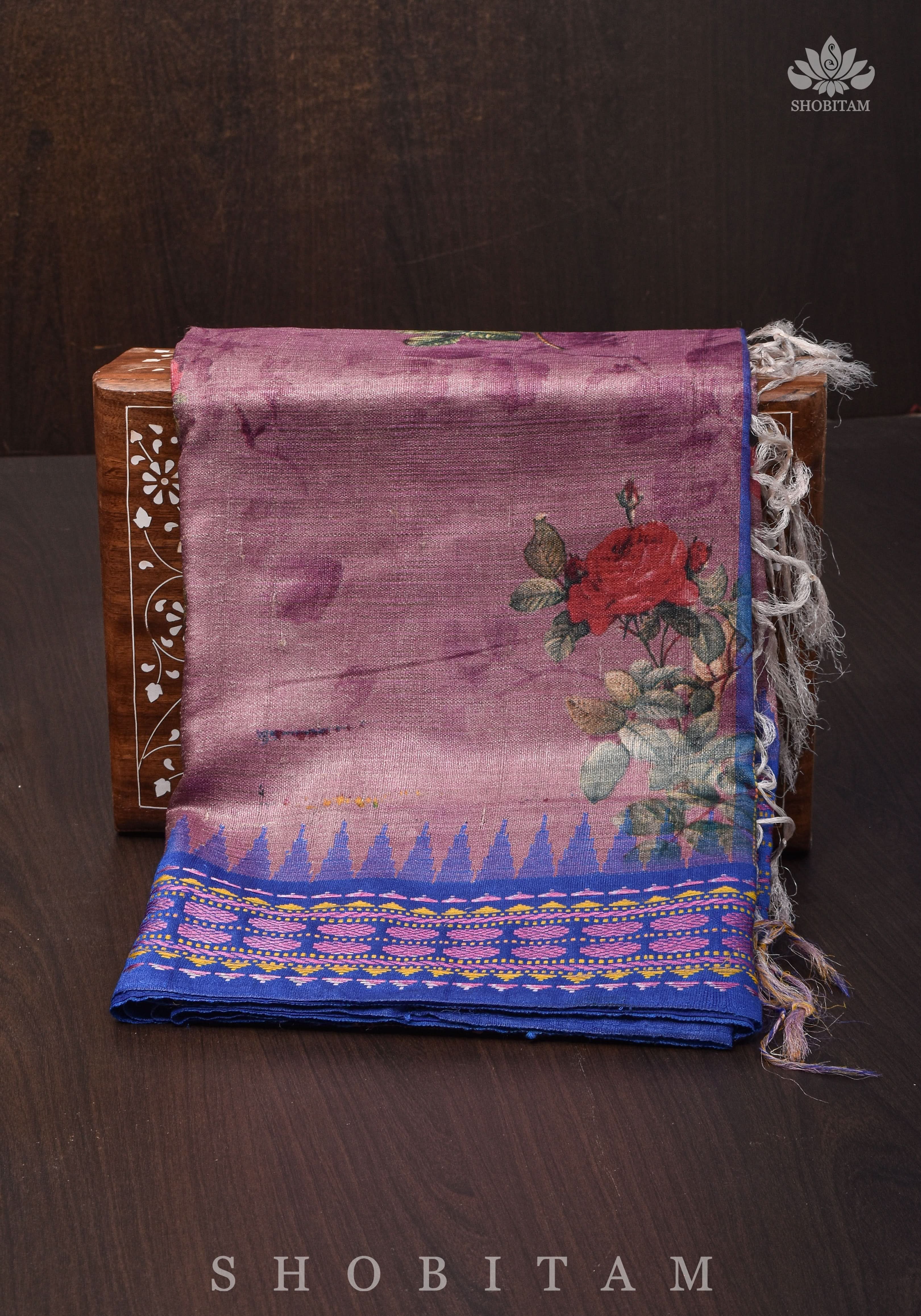 Floral Digital Printed Kosa Tussar Silk Saree in Mauve with Contrast Border | SILK MARK CERTIFIED | Shobitam