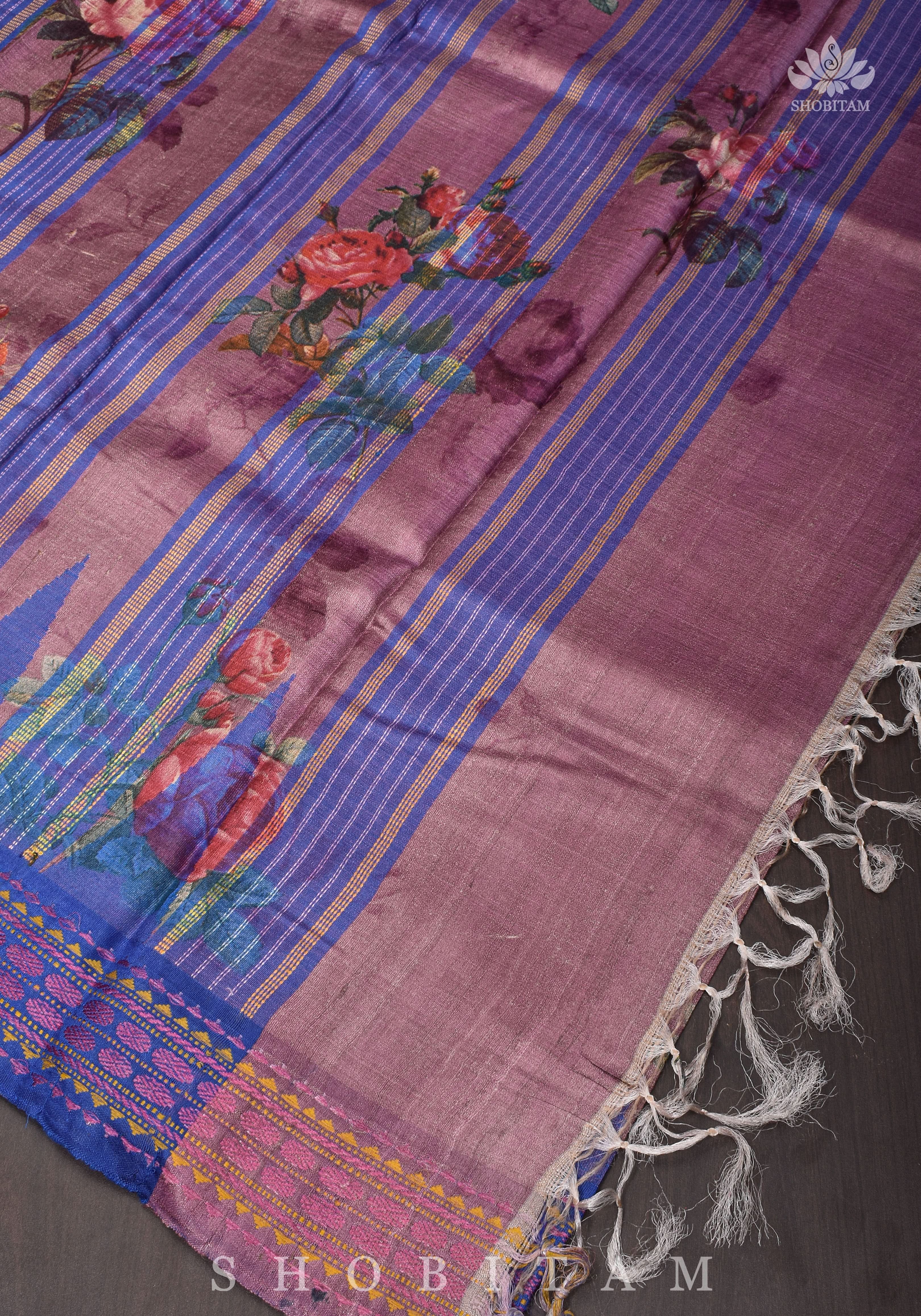 Floral Digital Printed Kosa Tussar Silk Saree in Mauve with Contrast Border | SILK MARK CERTIFIED | Shobitam