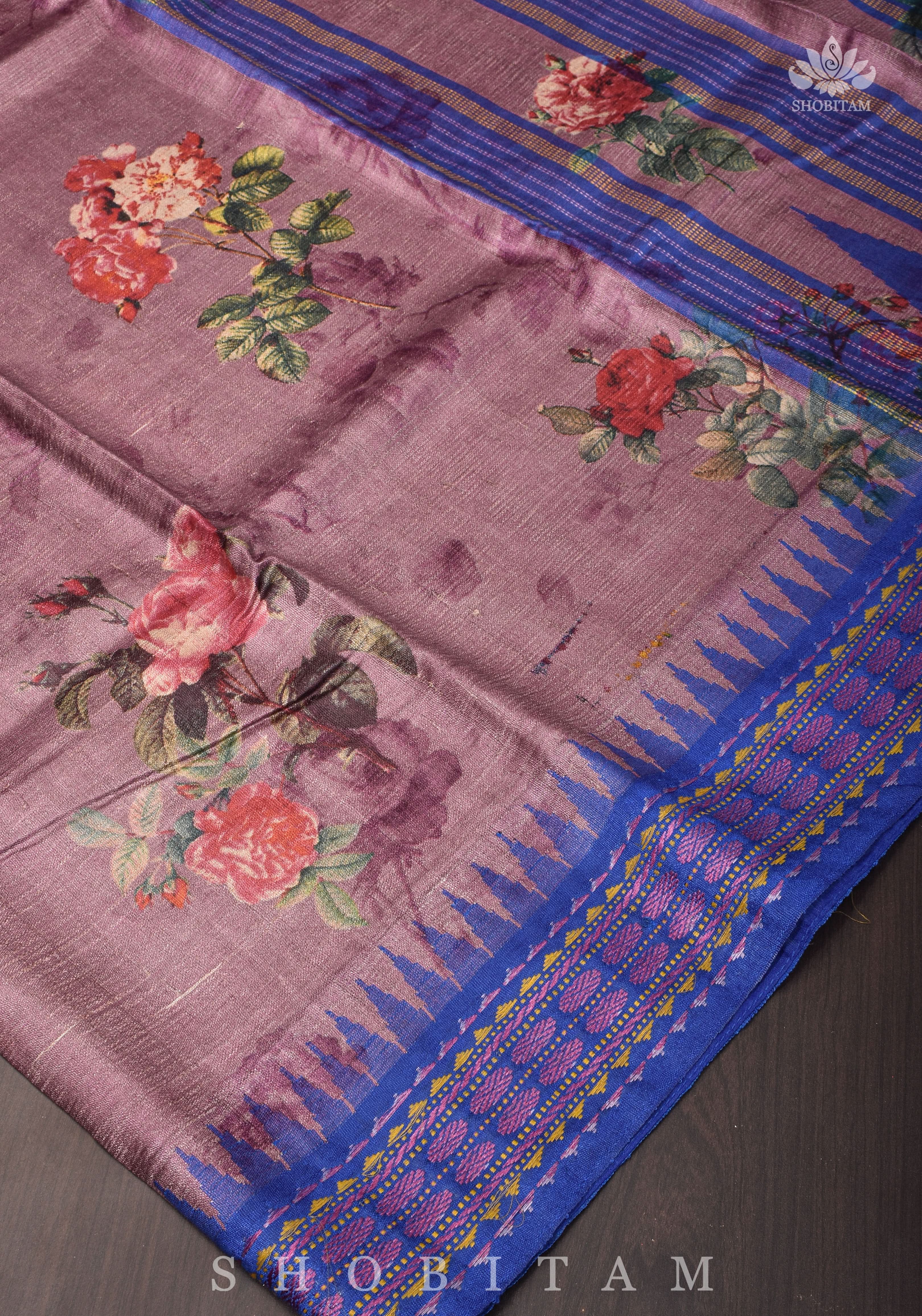 Floral Digital Printed Kosa Tussar Silk Saree in Mauve with Contrast Border | SILK MARK CERTIFIED | Shobitam