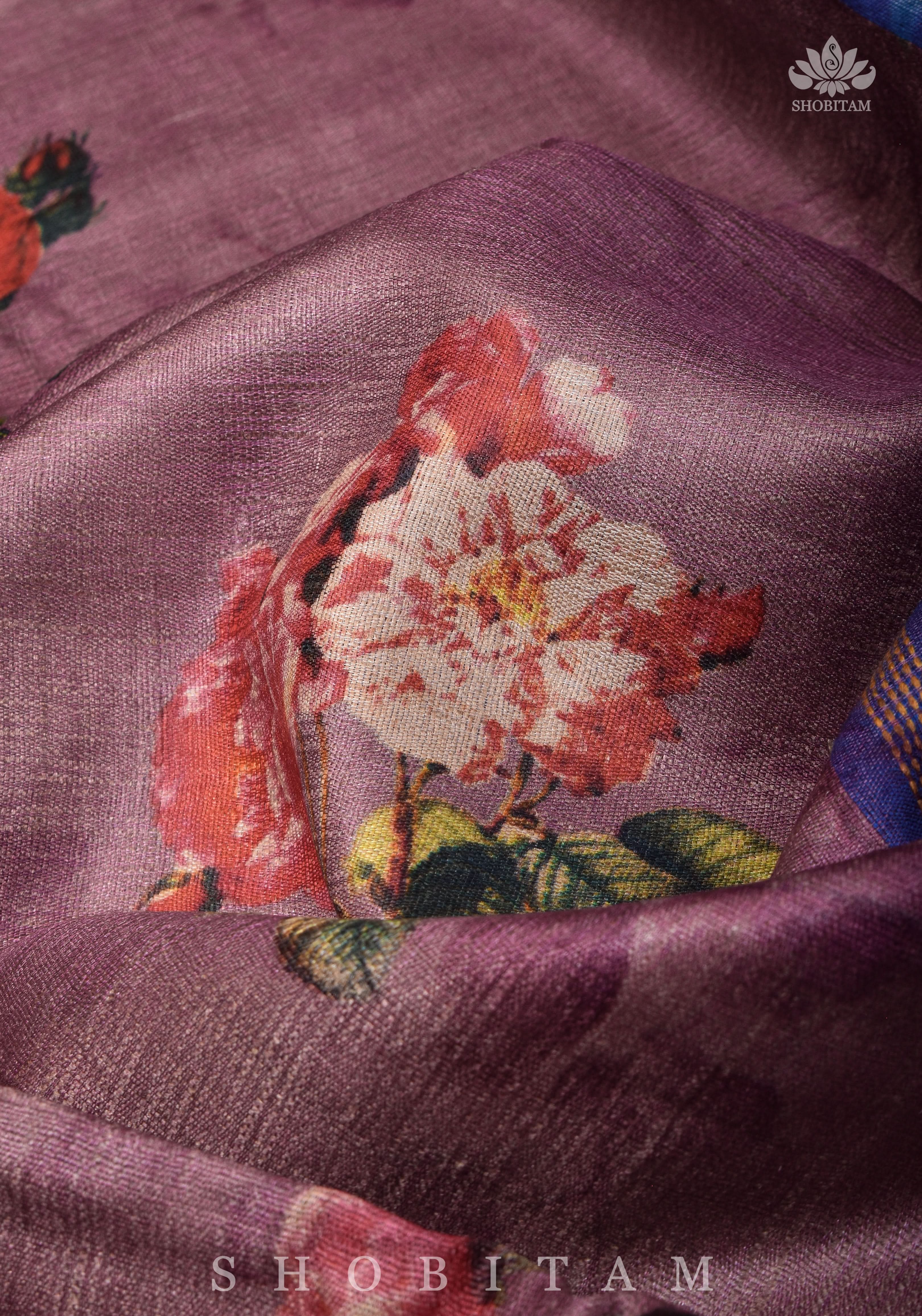 Floral Digital Printed Kosa Tussar Silk Saree in Mauve with Contrast Border | SILK MARK CERTIFIED | Shobitam