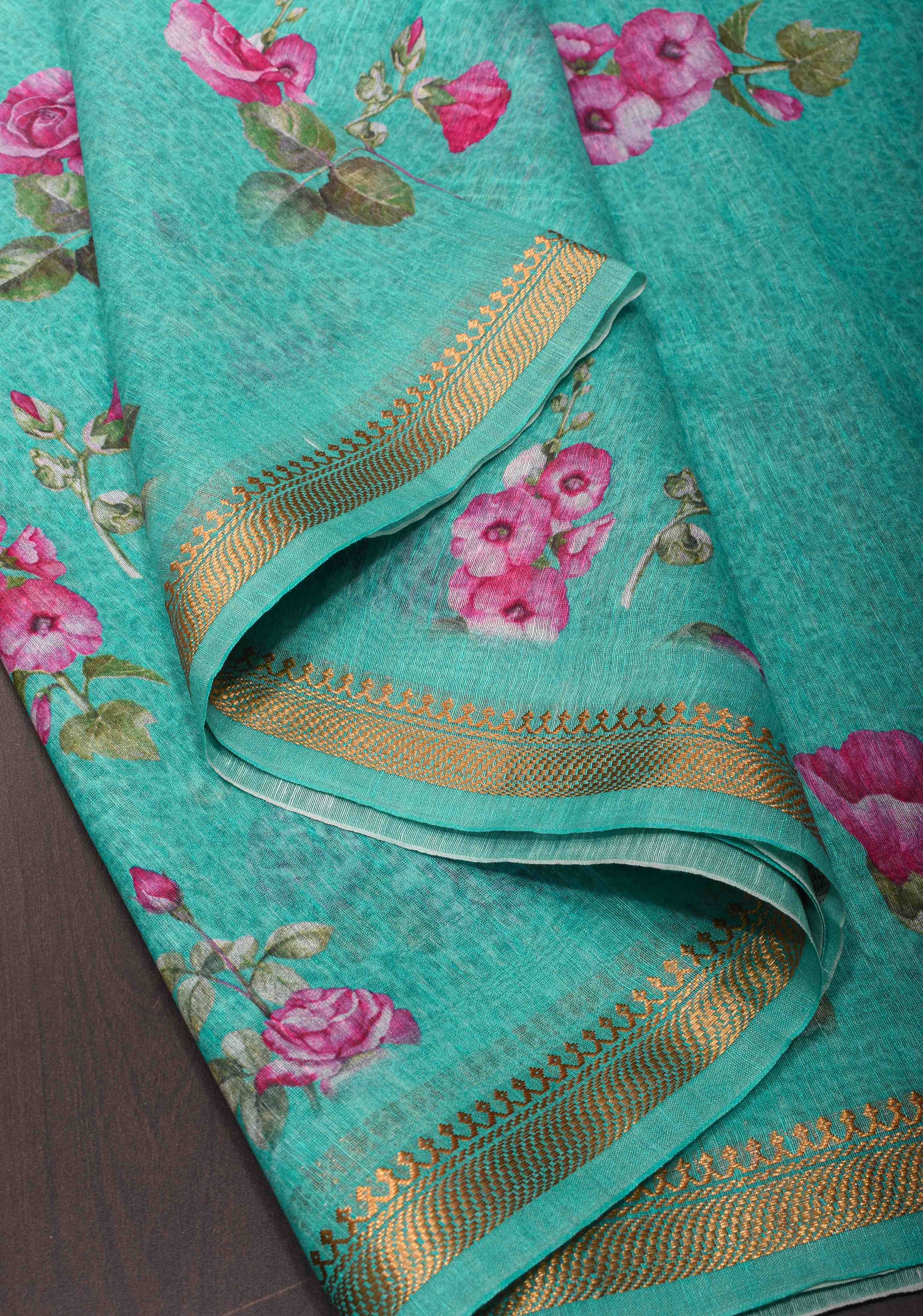 Green Floral Digital Print Silk Linen Saree | Shobitam