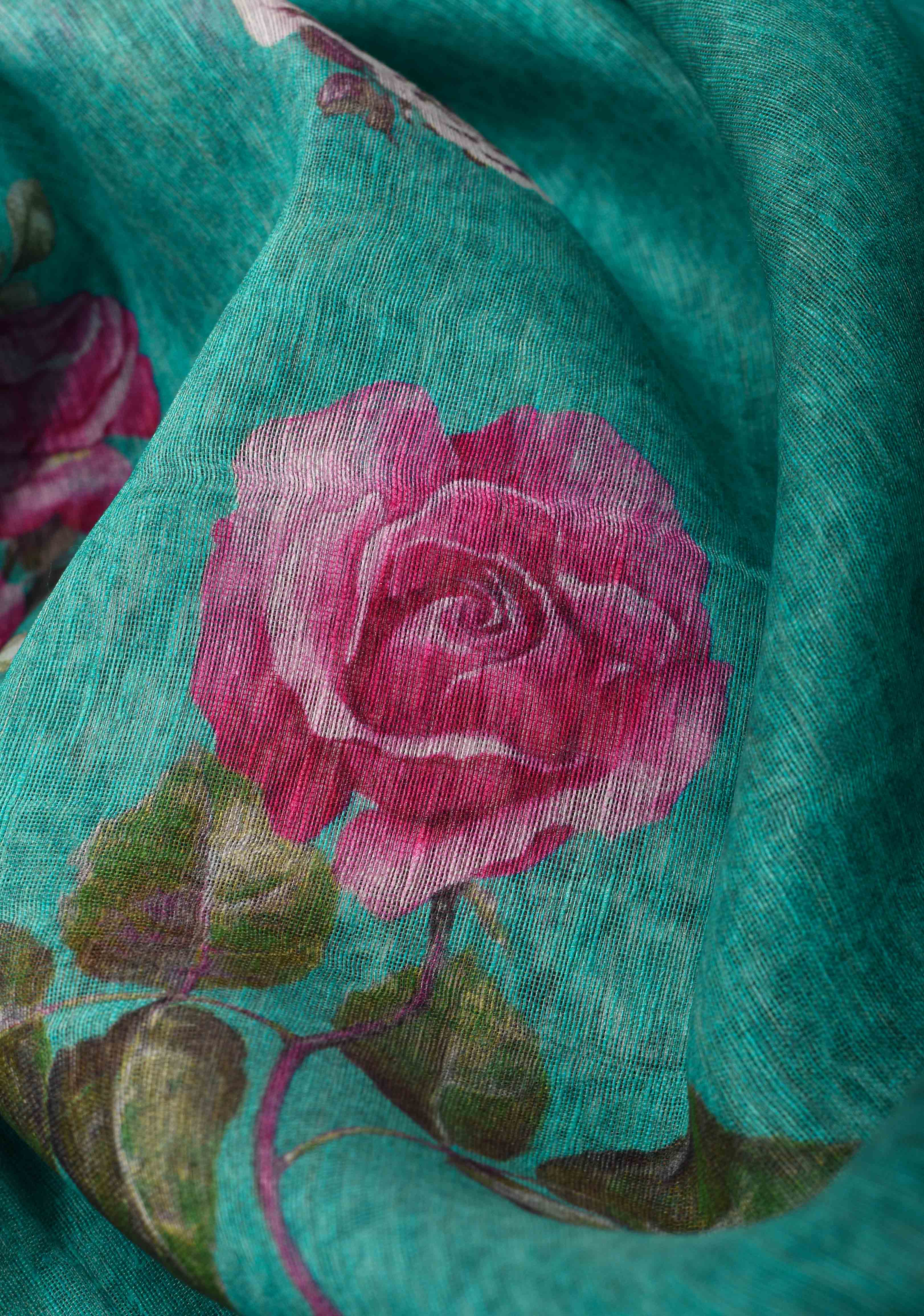 Green Floral Digital Print Silk Linen Saree | Shobitam